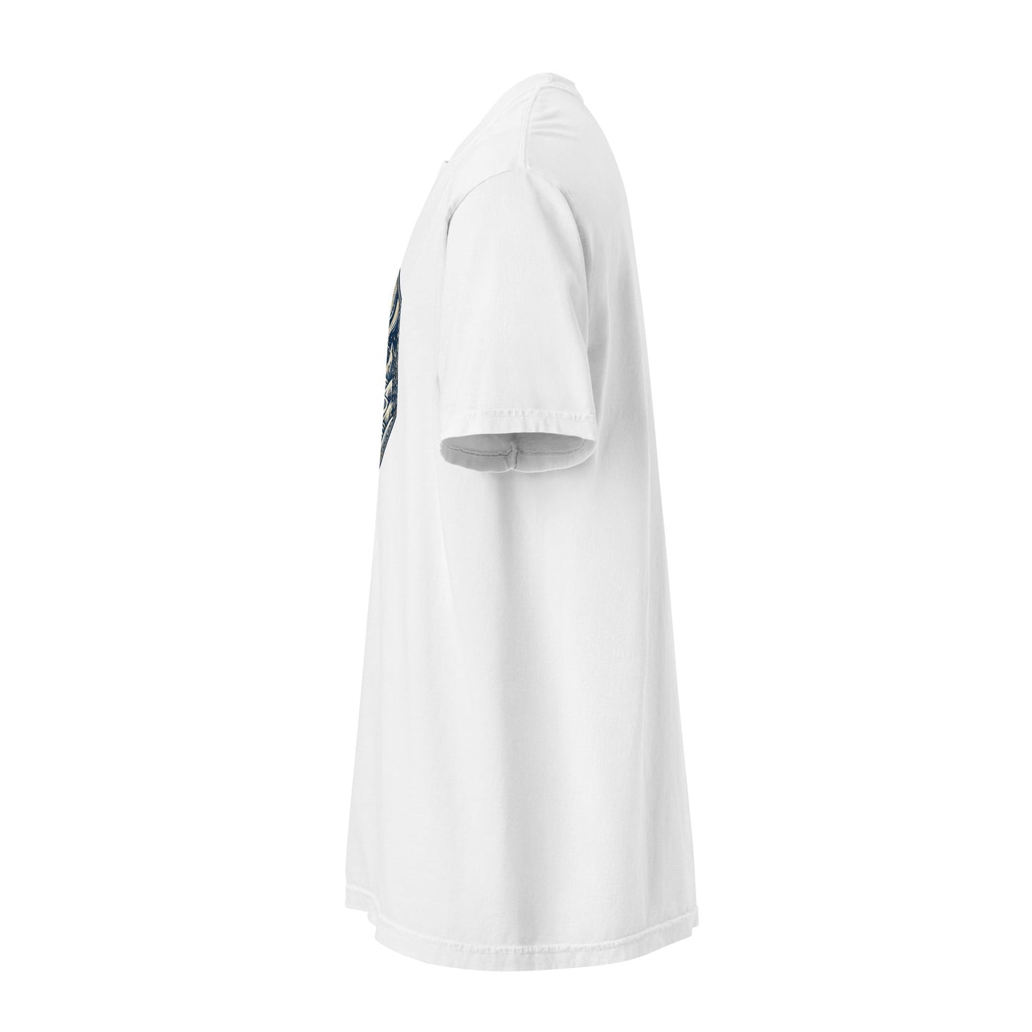 Heavyweight crew-neck tee in white with front mountain graphic, side view.