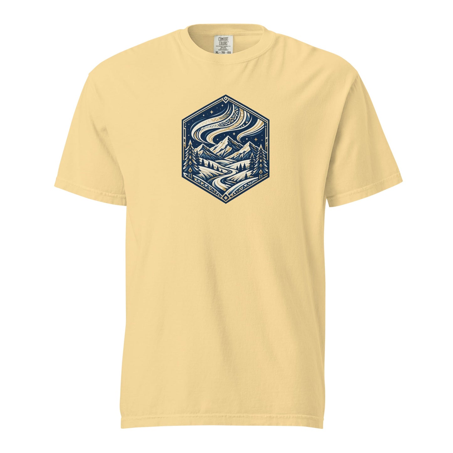 Heavyweight tee in pale yellow with blue mountain hex logo