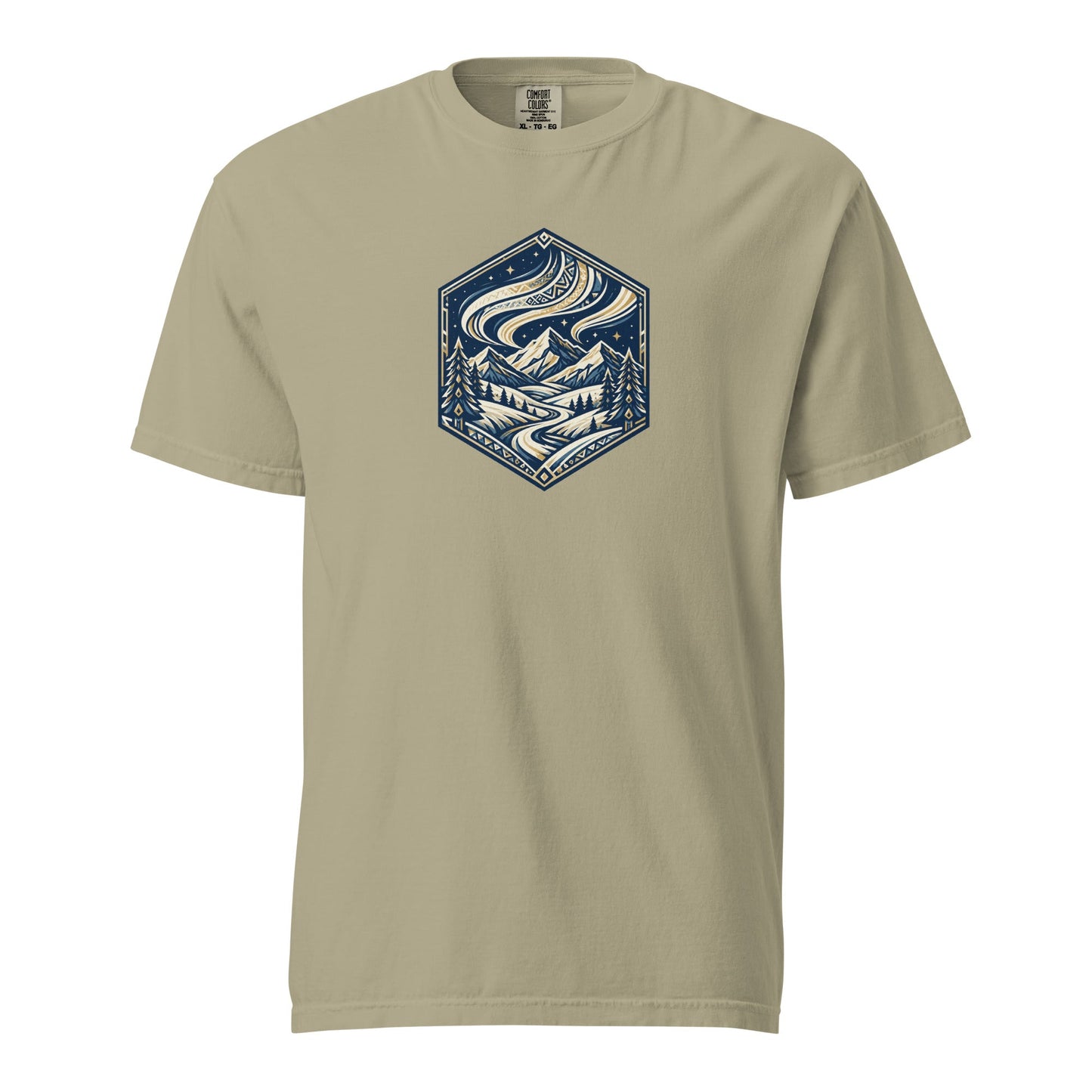 Heavyweight tee in khaki with blue mountain hex logo