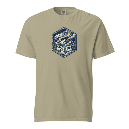 Heavyweight tee in khaki with blue mountain hex logo