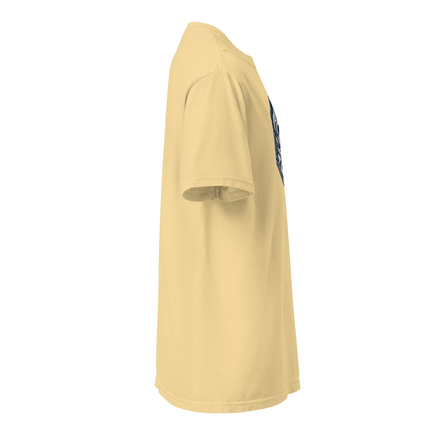 Heavyweight crew-neck tee in mustard with front mountain graphic, side view.
