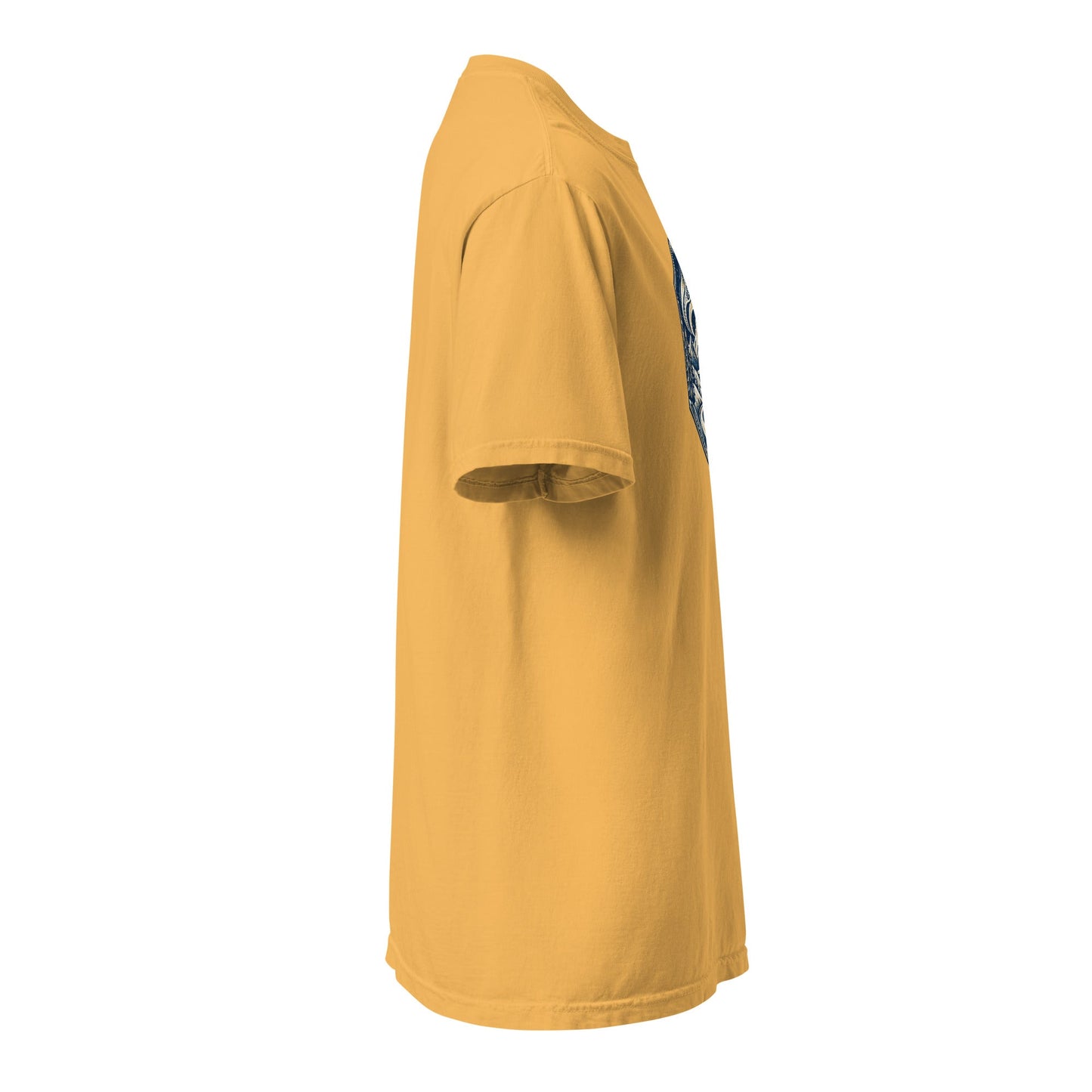 Heavyweight crew-neck tee in mustard with front mountain graphic, side view.