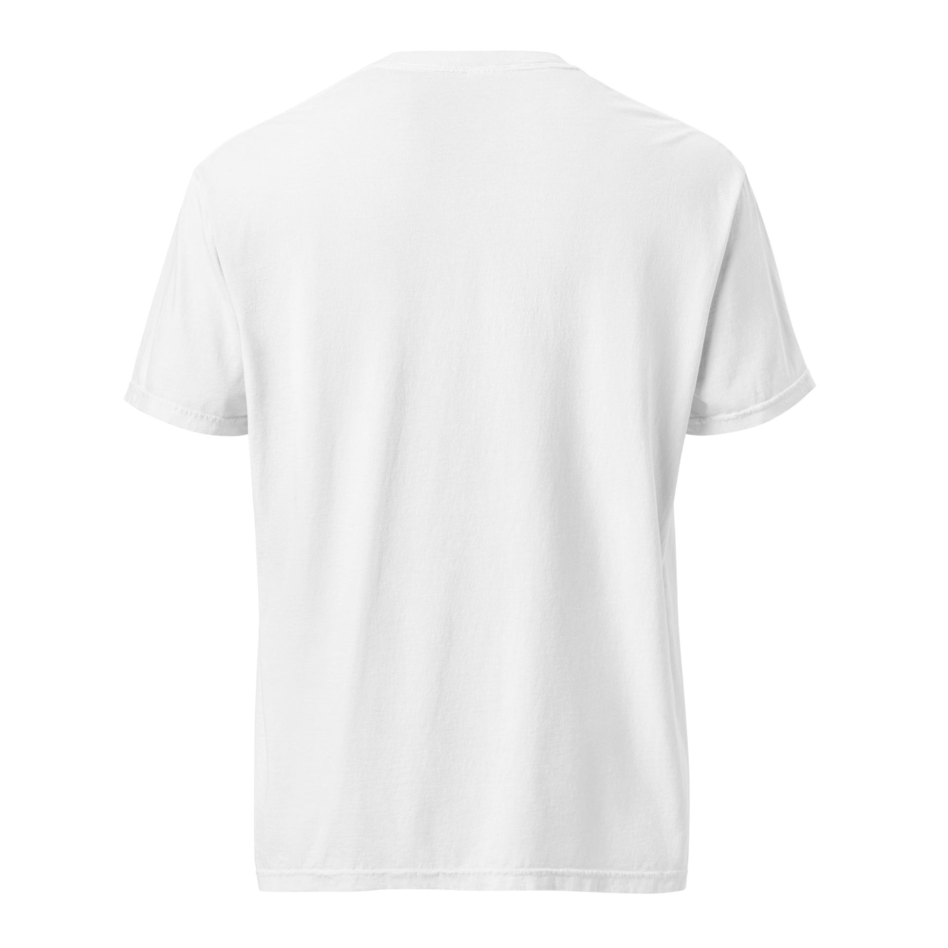 Heavyweight tee in white, short sleeves and crew neck, back view.