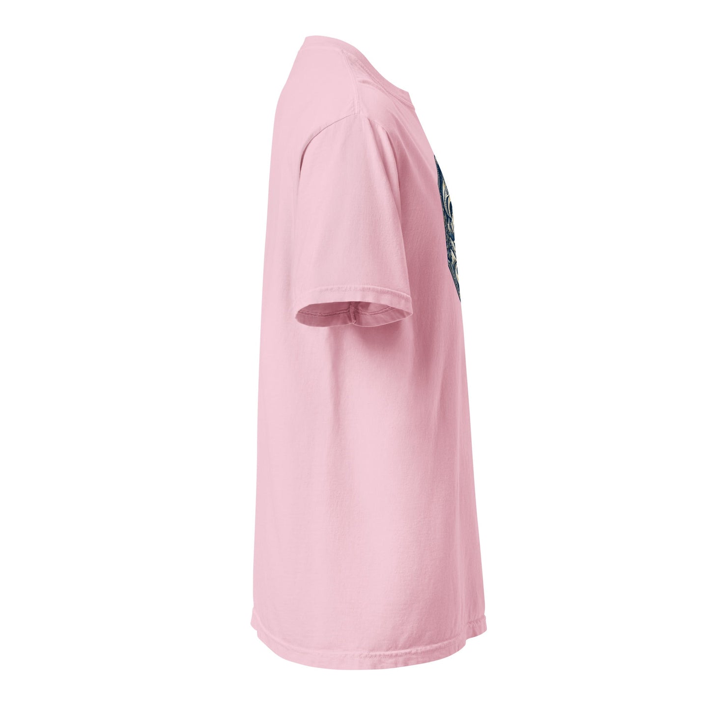 Heavyweight crew-neck tee in dusty pink with front mountain graphic, side view.