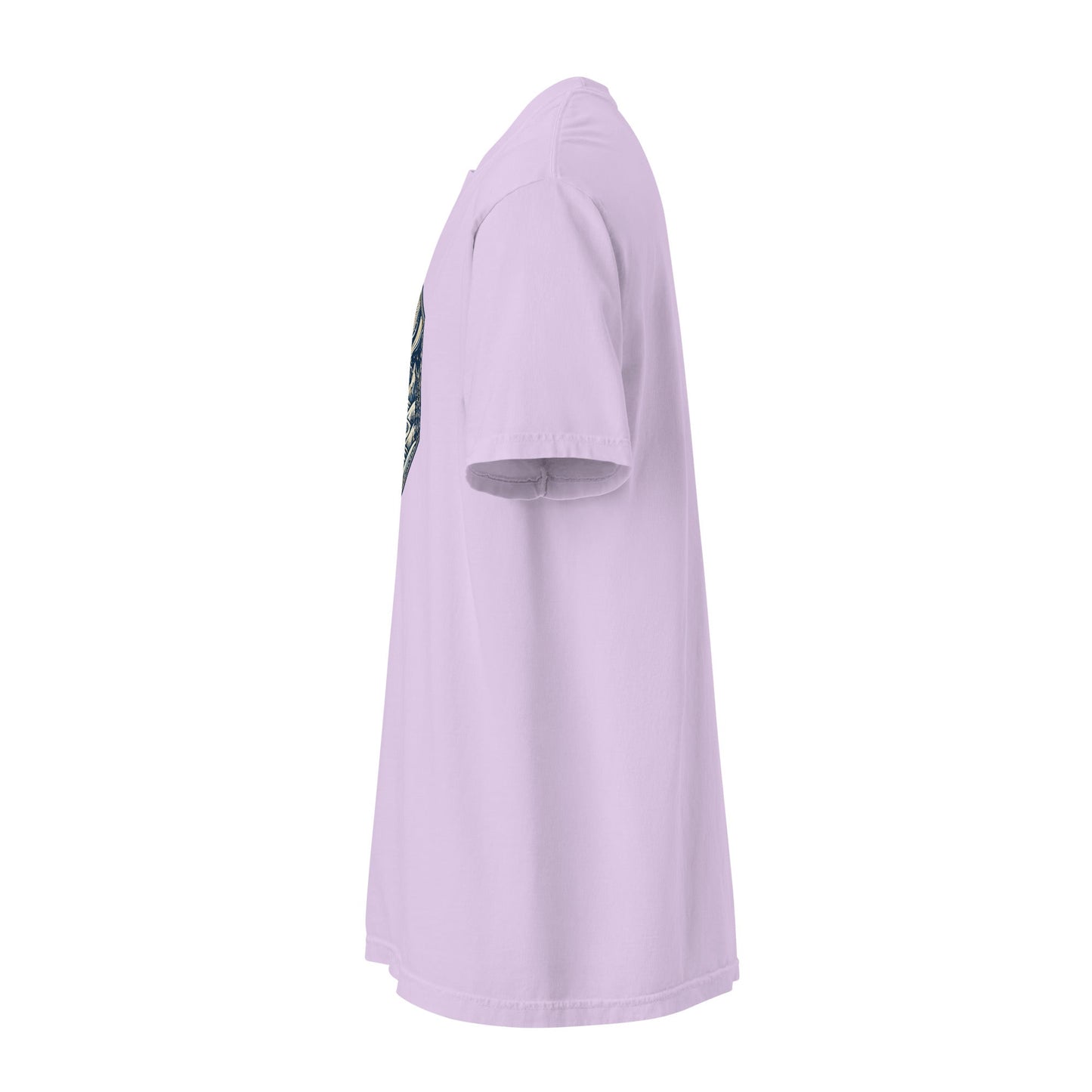 Orchid purple heavyweight tee with crew neck, short sleeves, and partial chest graphic, side view.