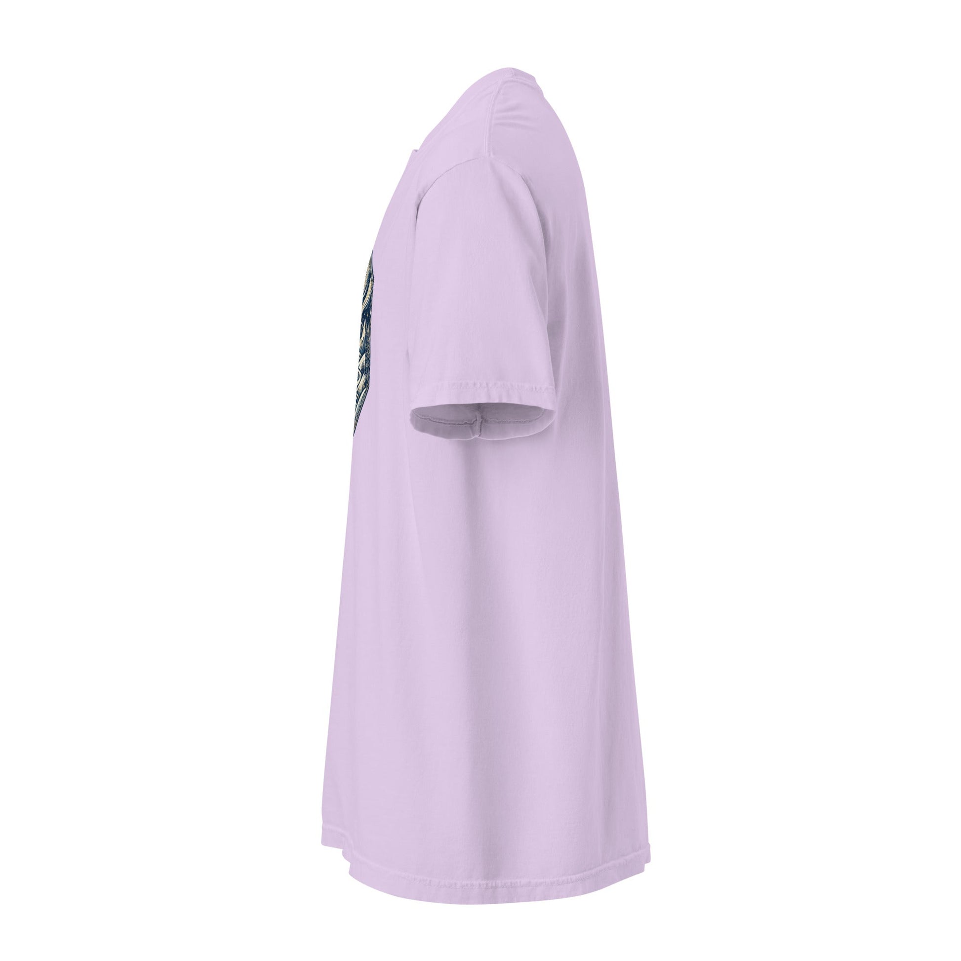 Orchid purple heavyweight tee with crew neck, short sleeves, and partial chest graphic, side view.