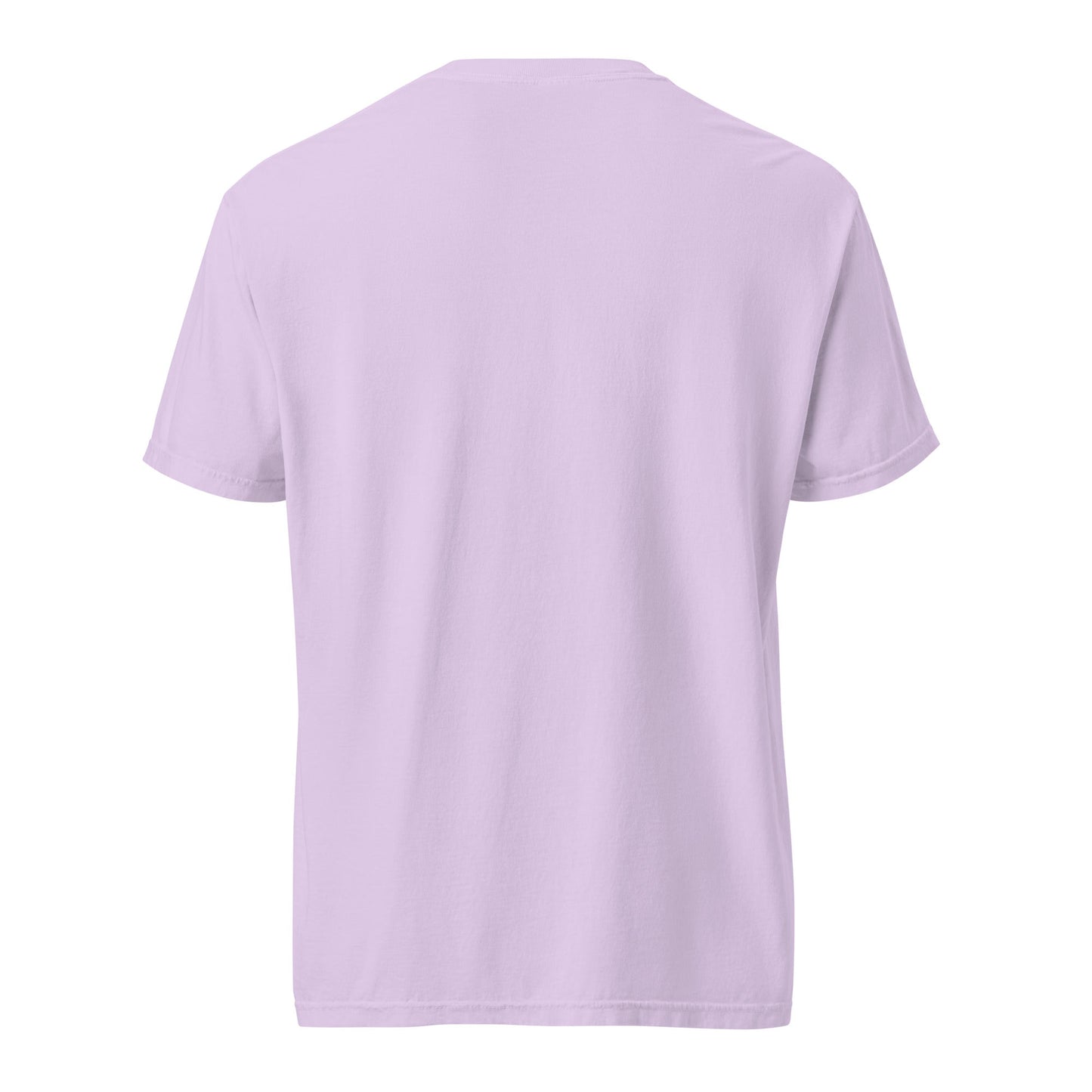 Heavyweight tee in orchid purple, short sleeves and crew neck, back view.