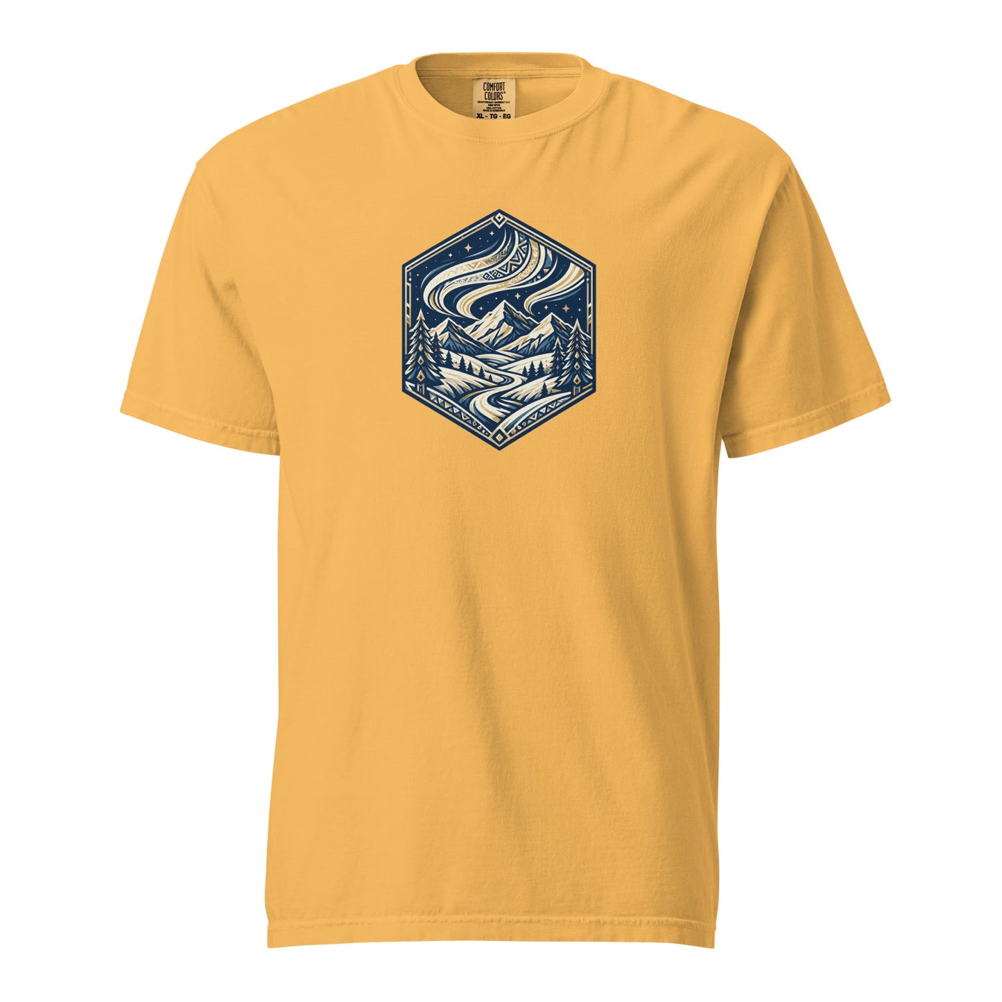 Heavyweight tee in mustard yellow with blue mountain hex logo