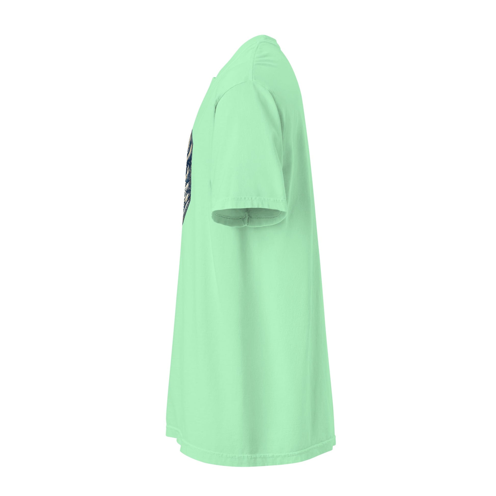 Heavyweight crew-neck tee in mint green with front mountain graphic, side view.