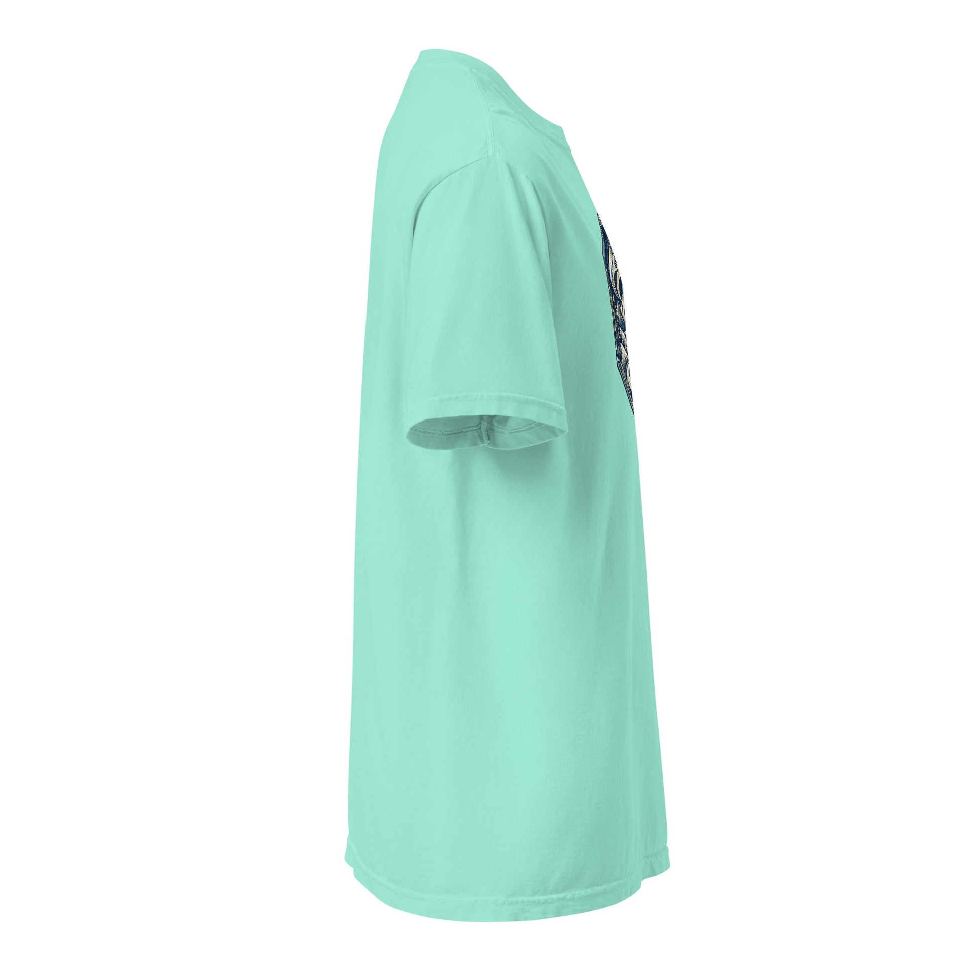 Heavyweight crew-neck tee in mint green with front mountain graphic, side view.