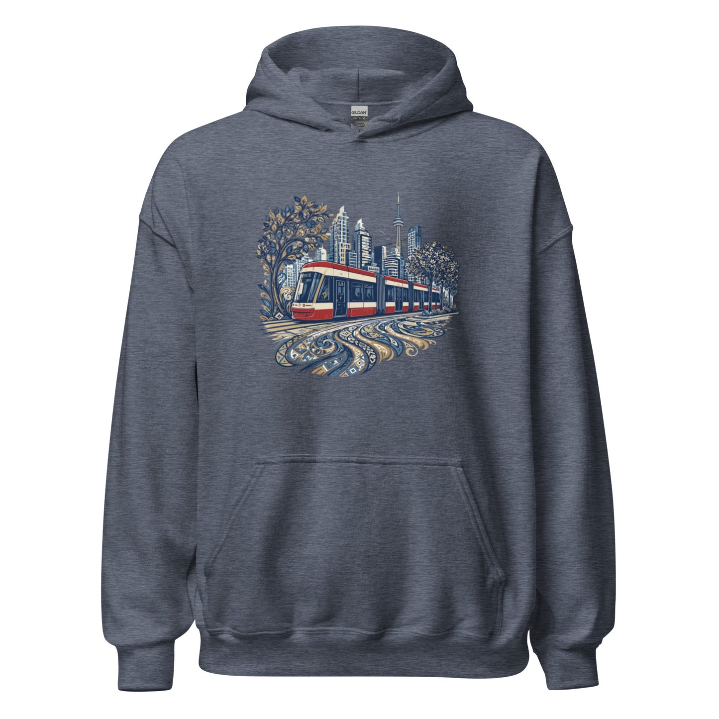 Heather gray graphic streetcar hoodie with front city print, pullover hood and pocket