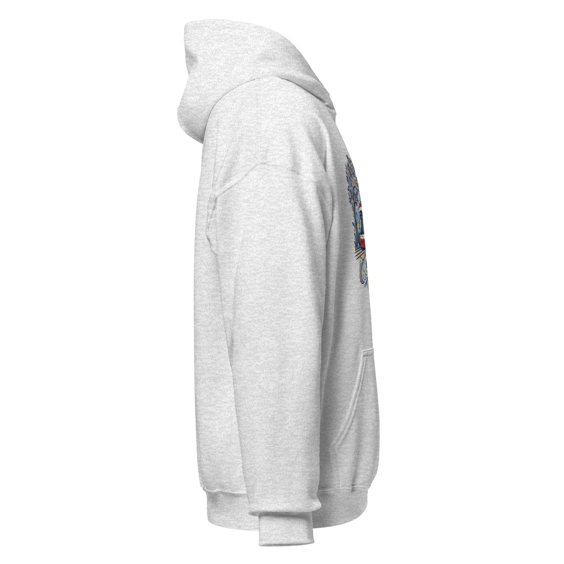 Light heather grey pullover hoodie with hood and front pocket, side printed graphic