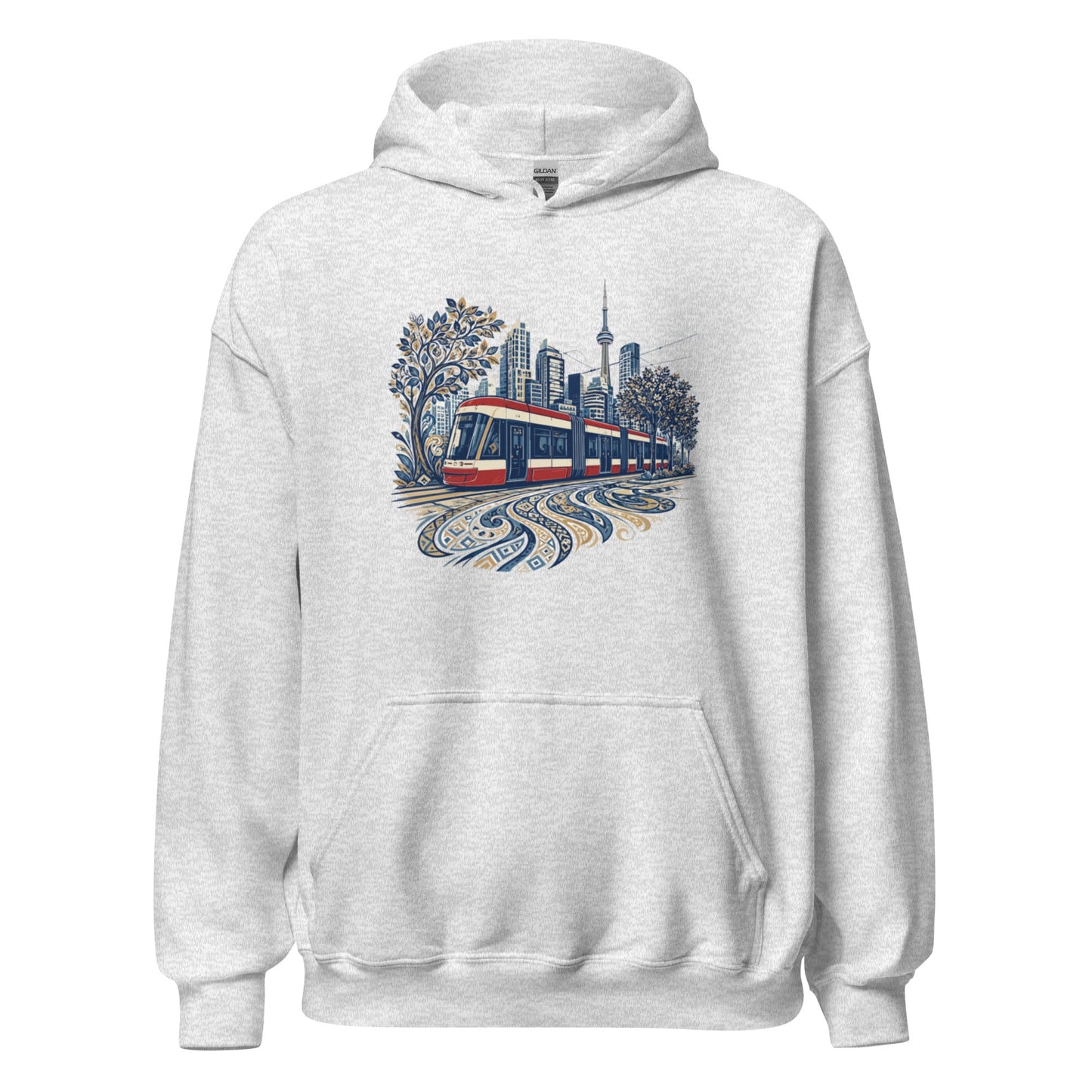 White graphic streetcar hoodie with front city print, pullover hood and kangaroo pocket