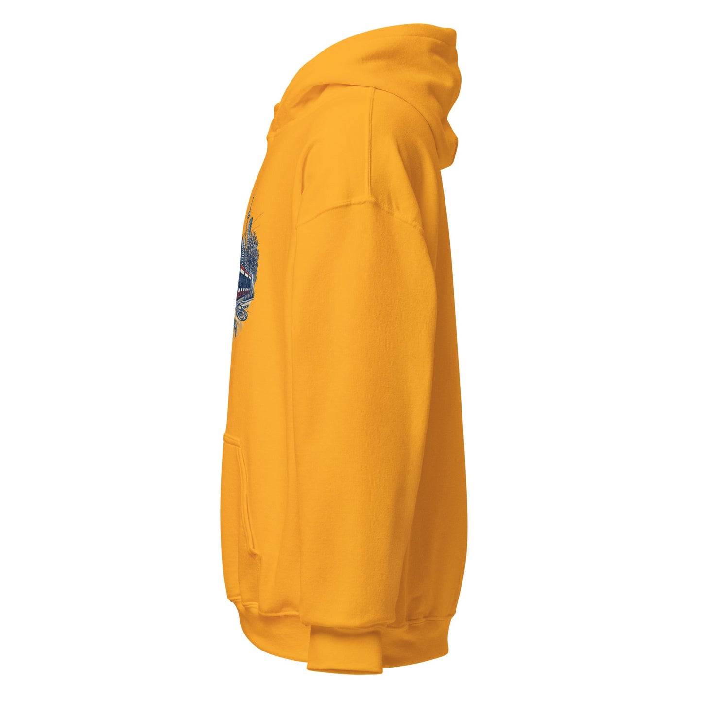 Gold pullover hoodie with hood and sleeve graphic detail