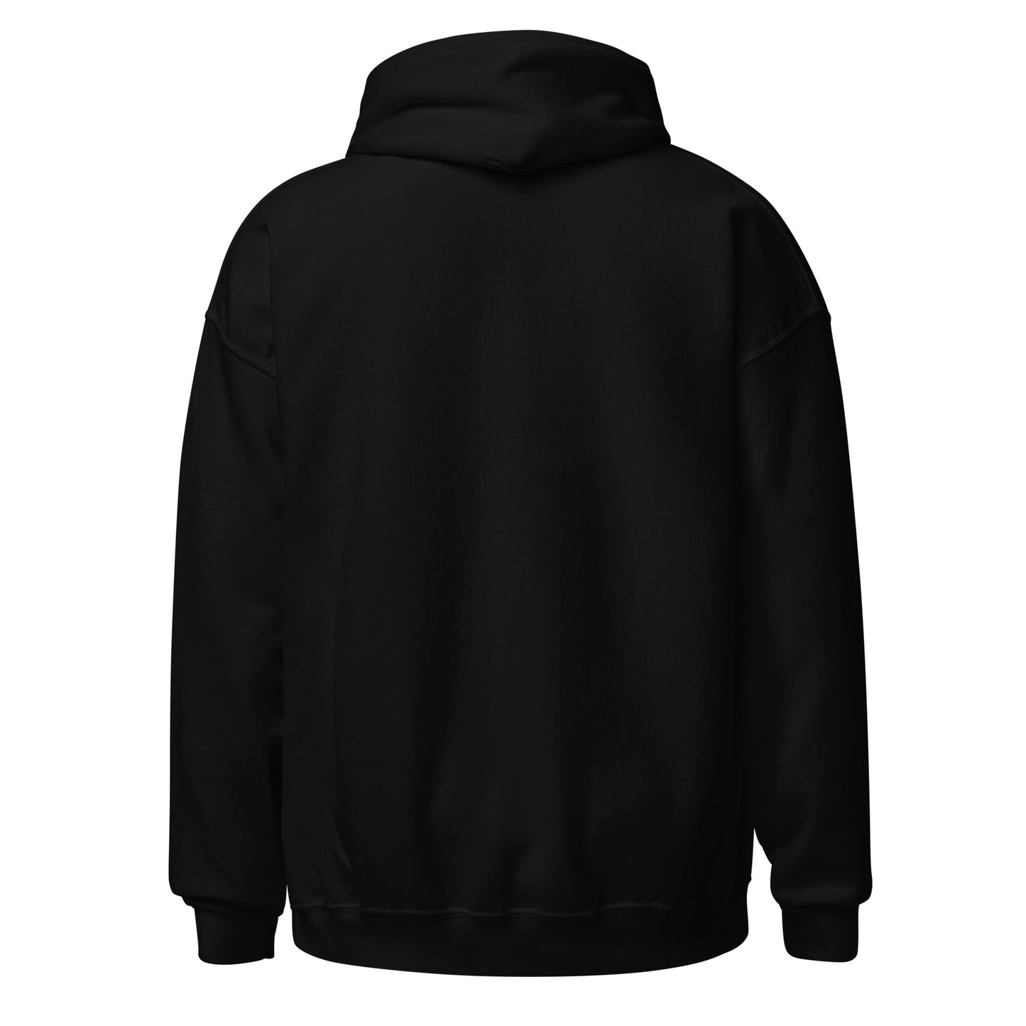 Black pullover hoodie with hood and kangaroo pocket, plain back