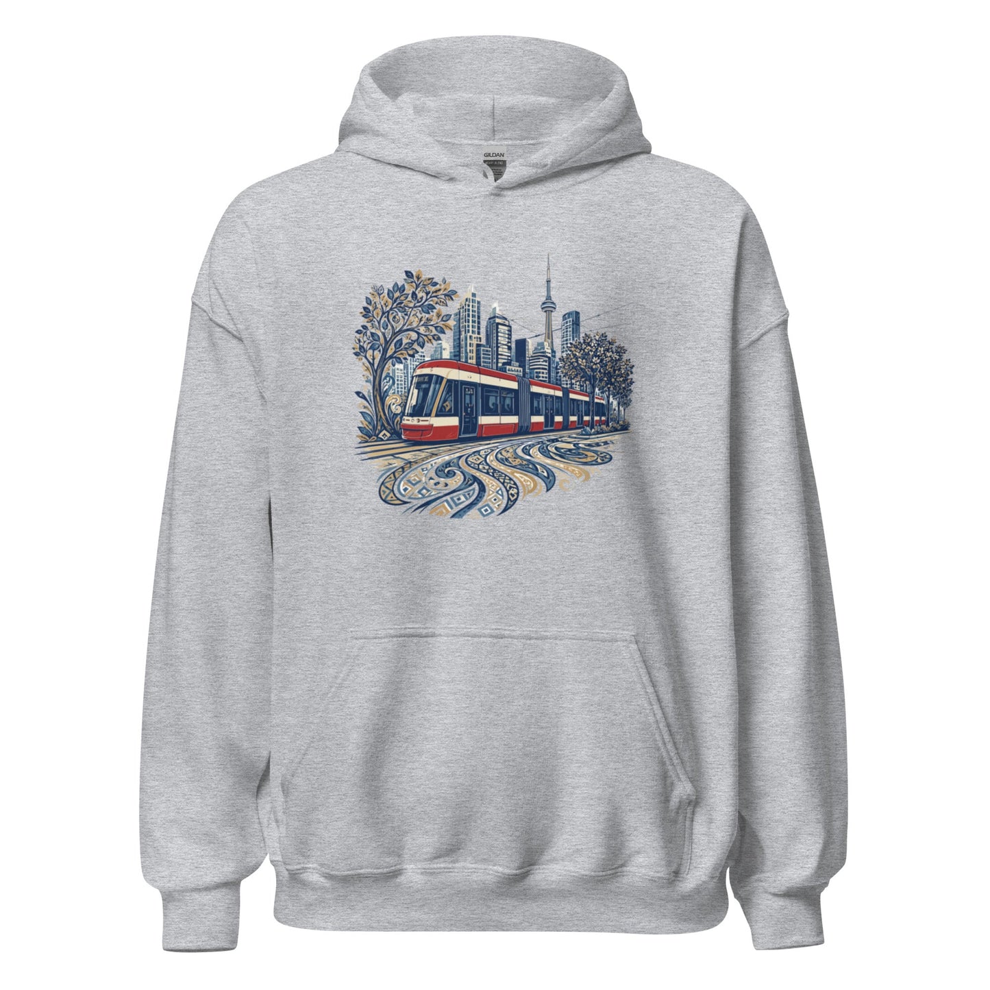 Light gray graphic streetcar hoodie with front city print, pullover hood and pocket