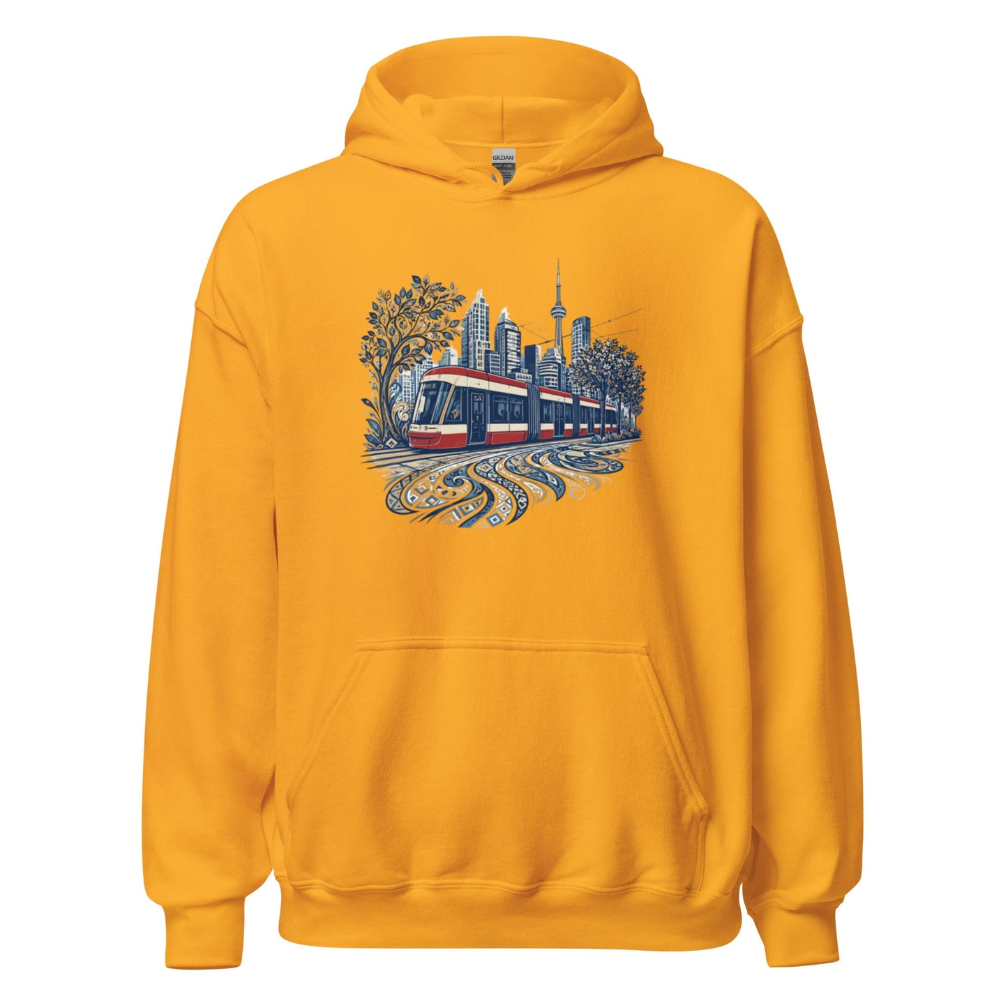 Gold graphic streetcar hoodie with front city print, pullover hood and kangaroo pocket