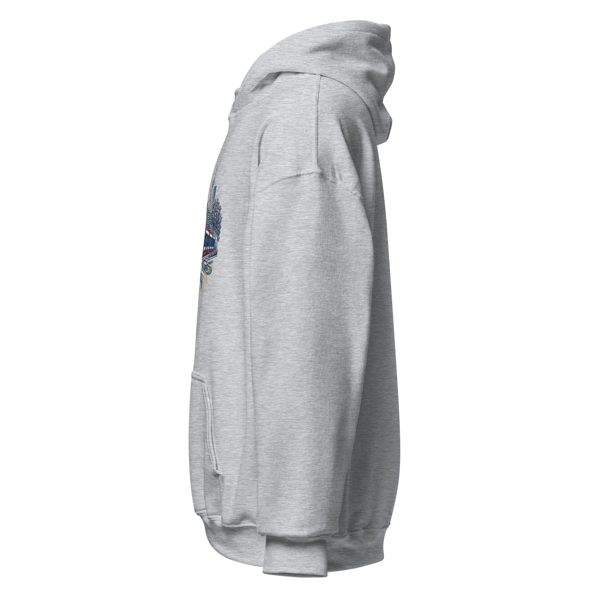 Heather gray pullover hoodie with hood and small sleeve graphic