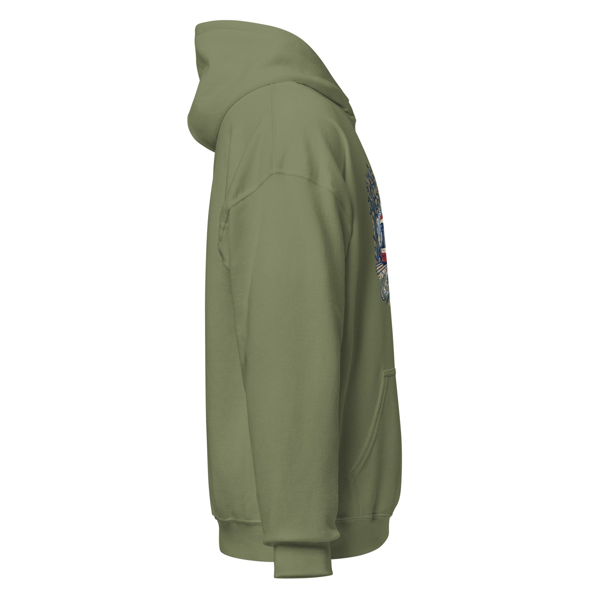 Olive pullover hoodie with hood and sleeve graphic detail