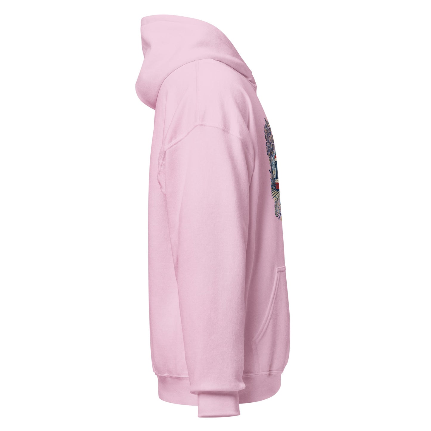 Light pink graphic hoodie with hood and front pocket, side printed graphic