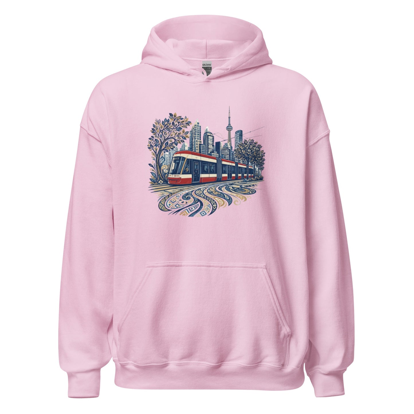 Pink graphic streetcar hoodie with front city print, pullover hood and kangaroo pocket