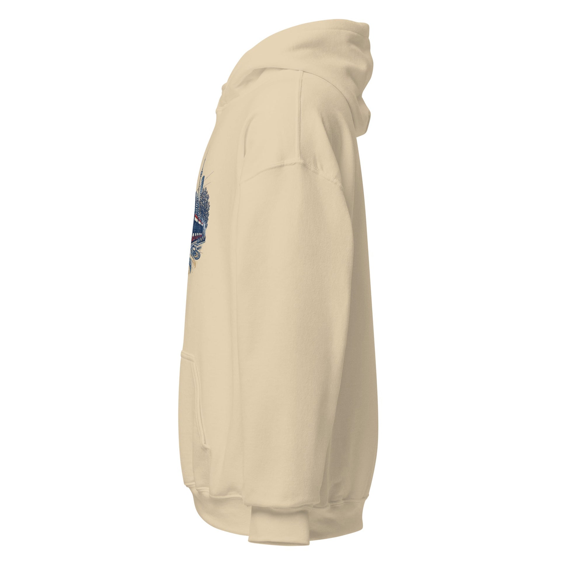 Sand beige pullover hoodie with hood and sleeve graphic