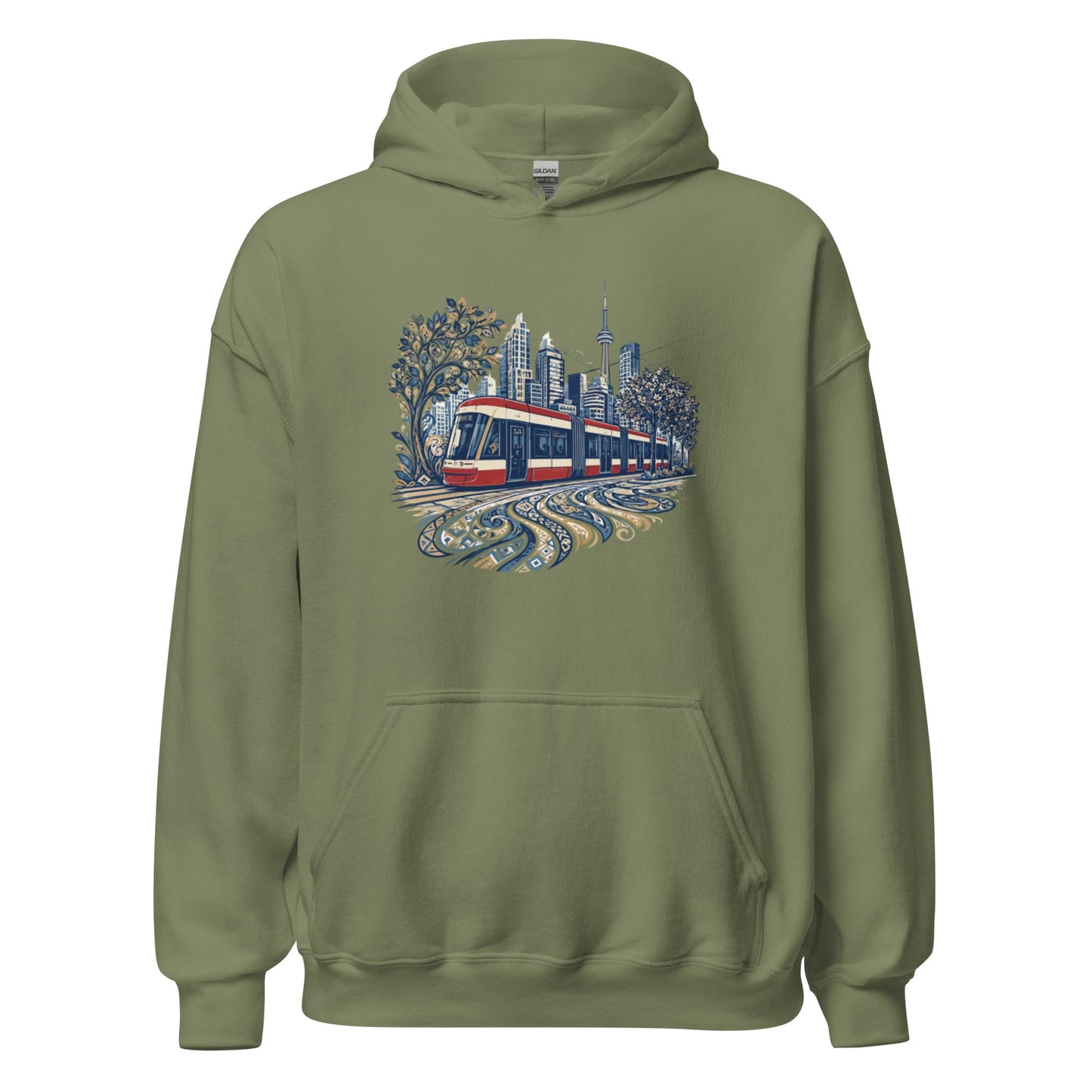 Olive green graphic streetcar hoodie with front city print, pullover hood and pocket
