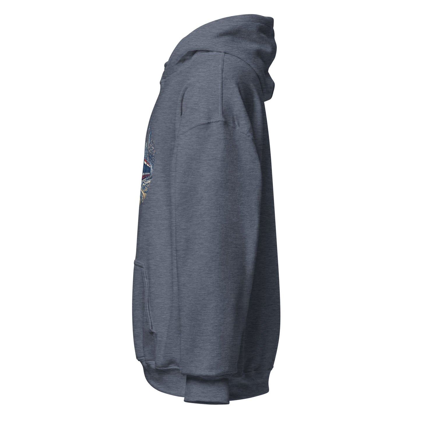Heather blue back-view hoodie with hood and kangaroo pocket