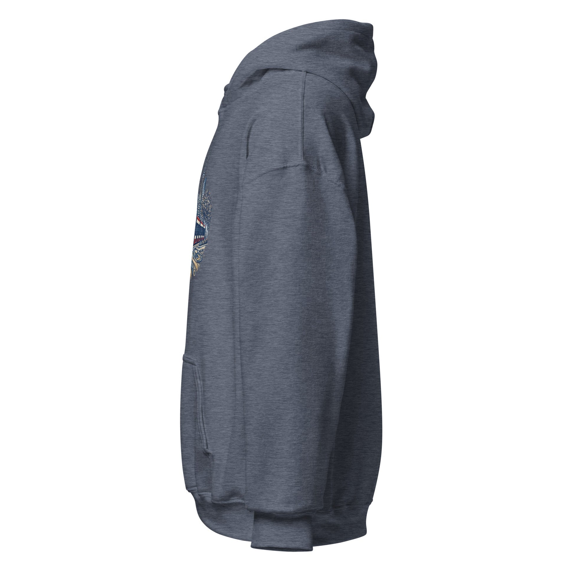 Heather blue back-view hoodie with hood and kangaroo pocket