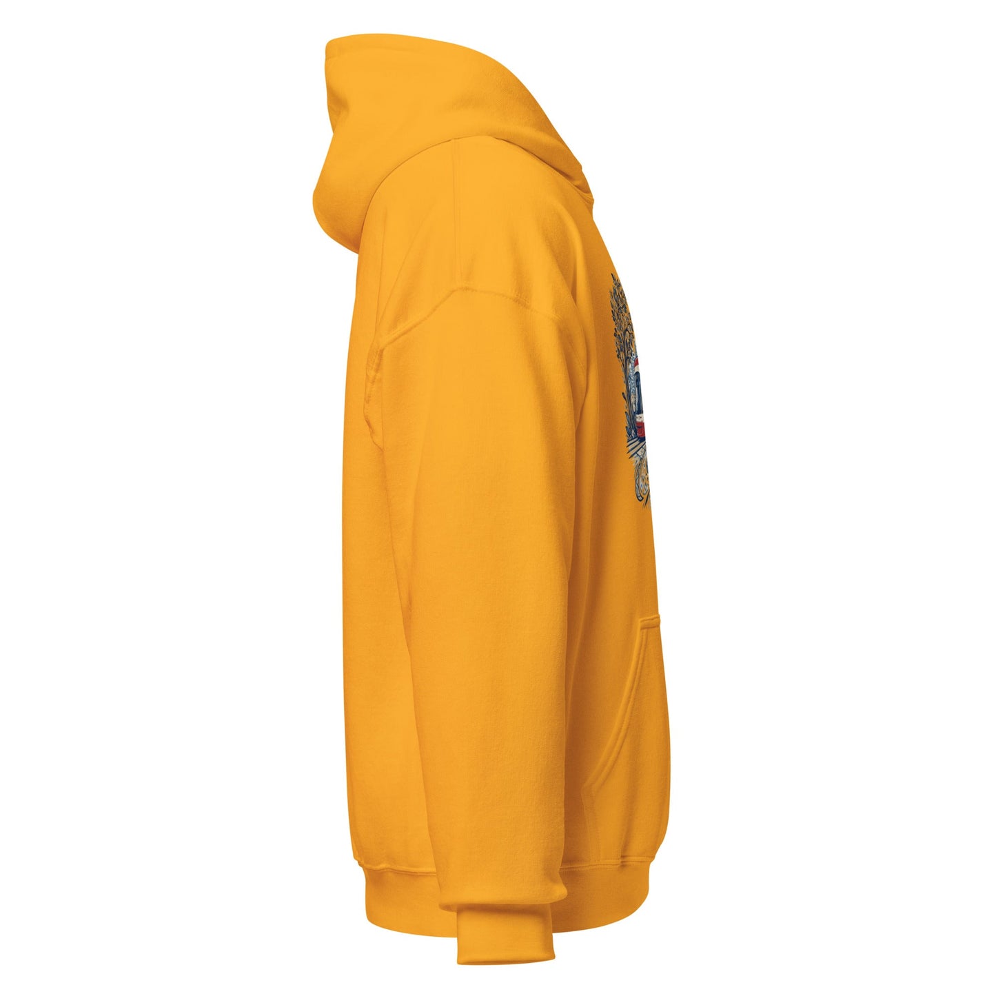 Mustard yellow graphic hoodie with hood and front pocket, side printed graphic