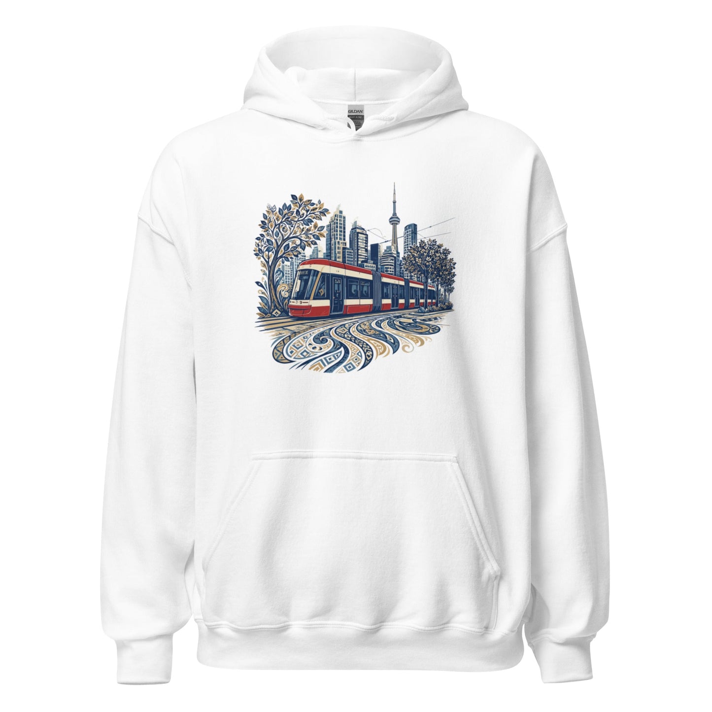 White graphic hoodie with city streetcar print and front kangaroo pocket