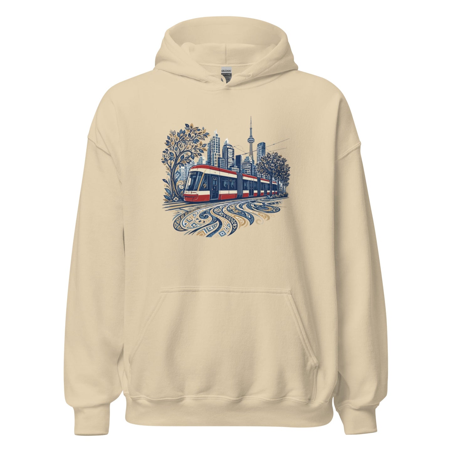 Beige graphic streetcar hoodie with front city print, pullover hood and kangaroo pocket