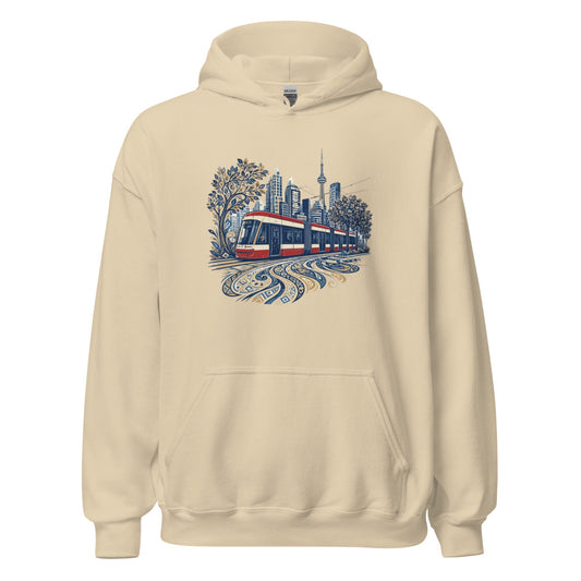 Beige graphic streetcar hoodie with front city print, pullover hood and kangaroo pocket