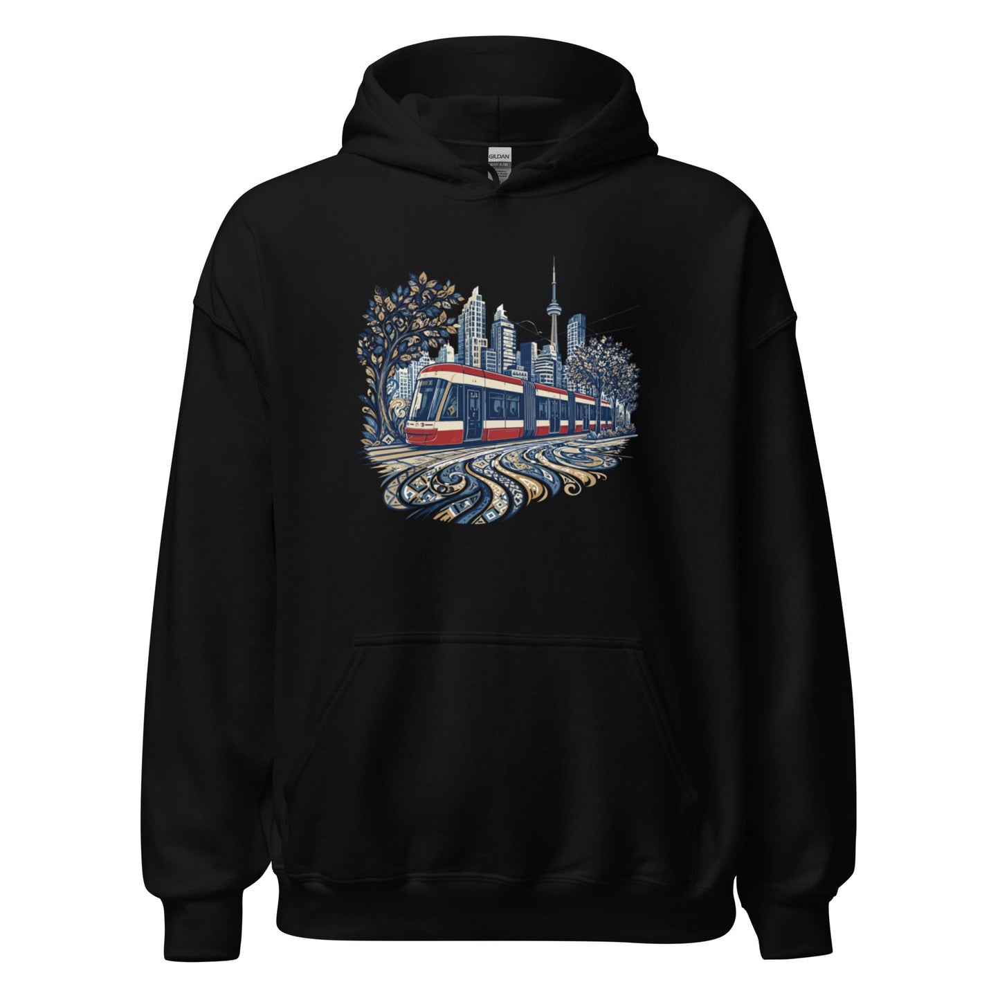 Black graphic streetcar hoodie with front city print, pullover hood and kangaroo pocket