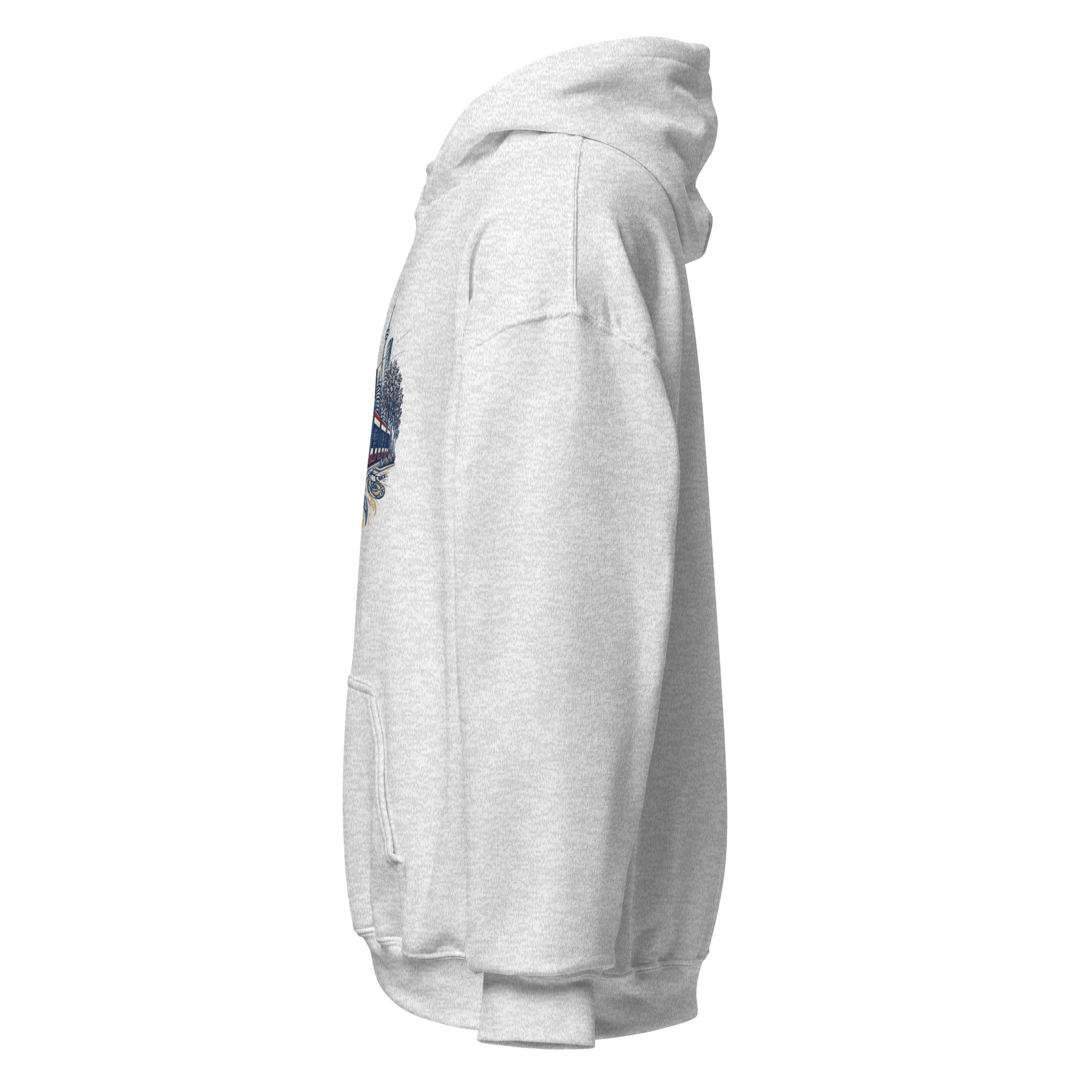 Heather gray pullover hoodie with hood and small sleeve graphic