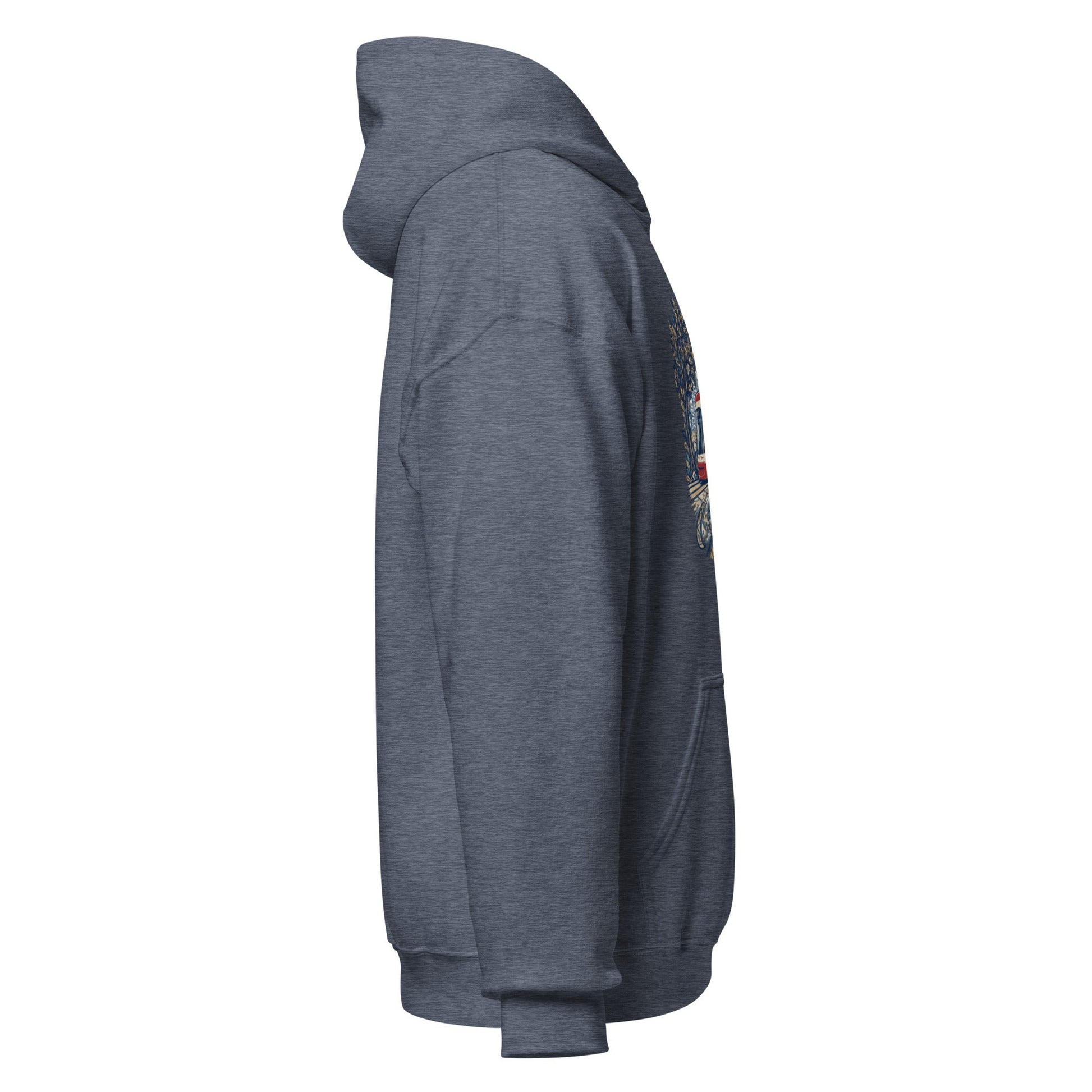Heather blue pullover hoodie with hood and sleeve graphic