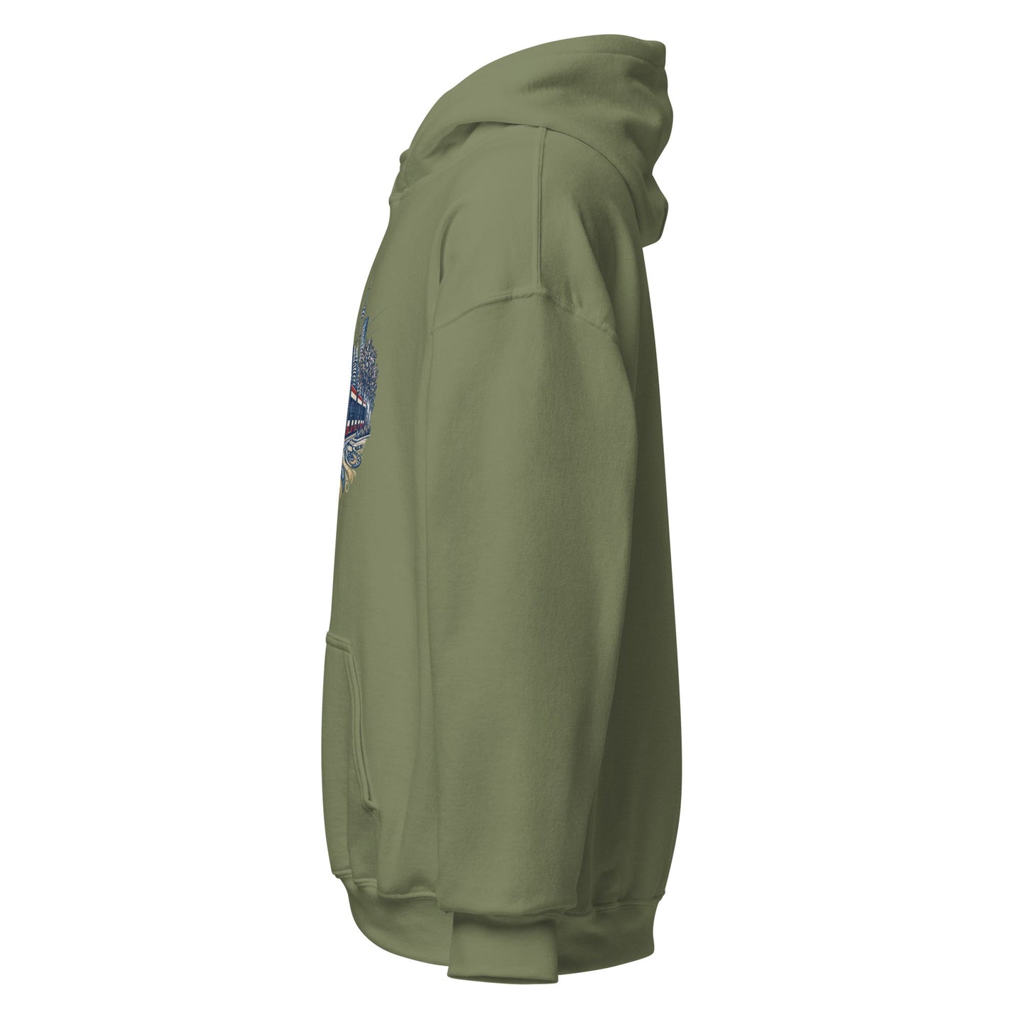 Olive pullover hoodie with hood and graphic on left sleeve