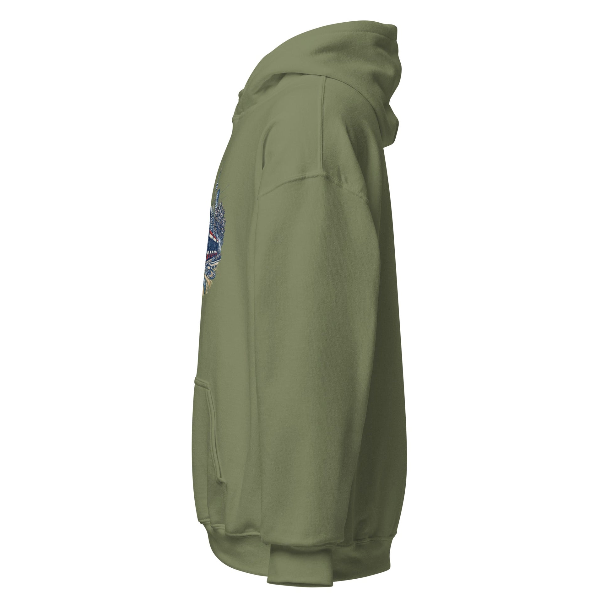 Olive pullover hoodie with hood and graphic on left sleeve