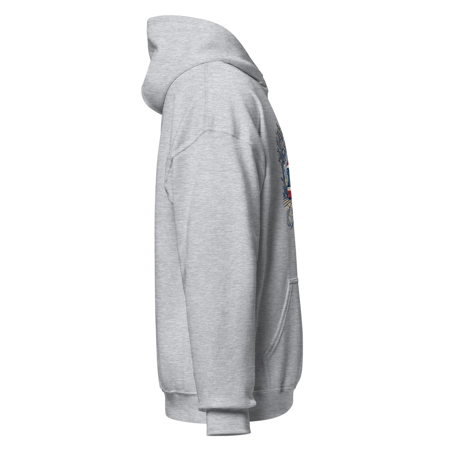 Heather grey graphic hoodie with hood and front pocket, side printed graphic