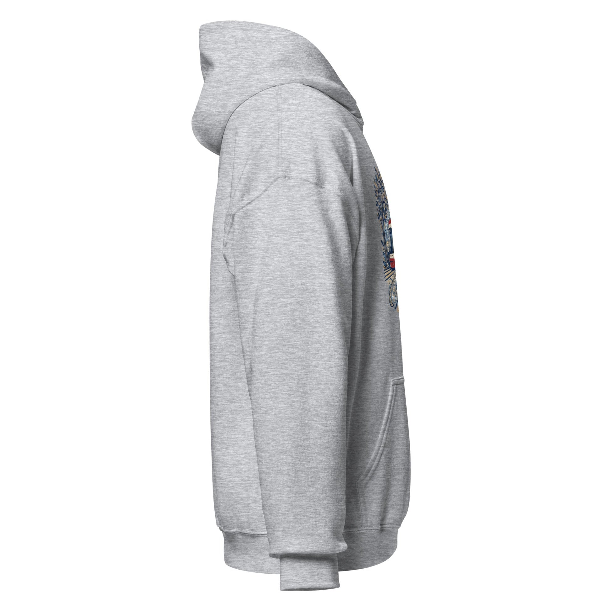 Heather grey graphic hoodie with hood and front pocket, side printed graphic