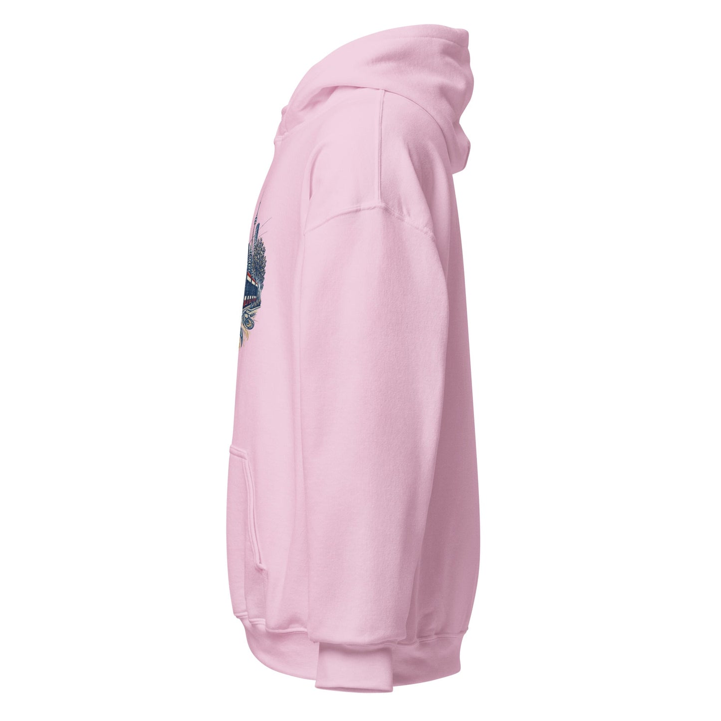 Light pink pullover hoodie with hood and sleeve graphic