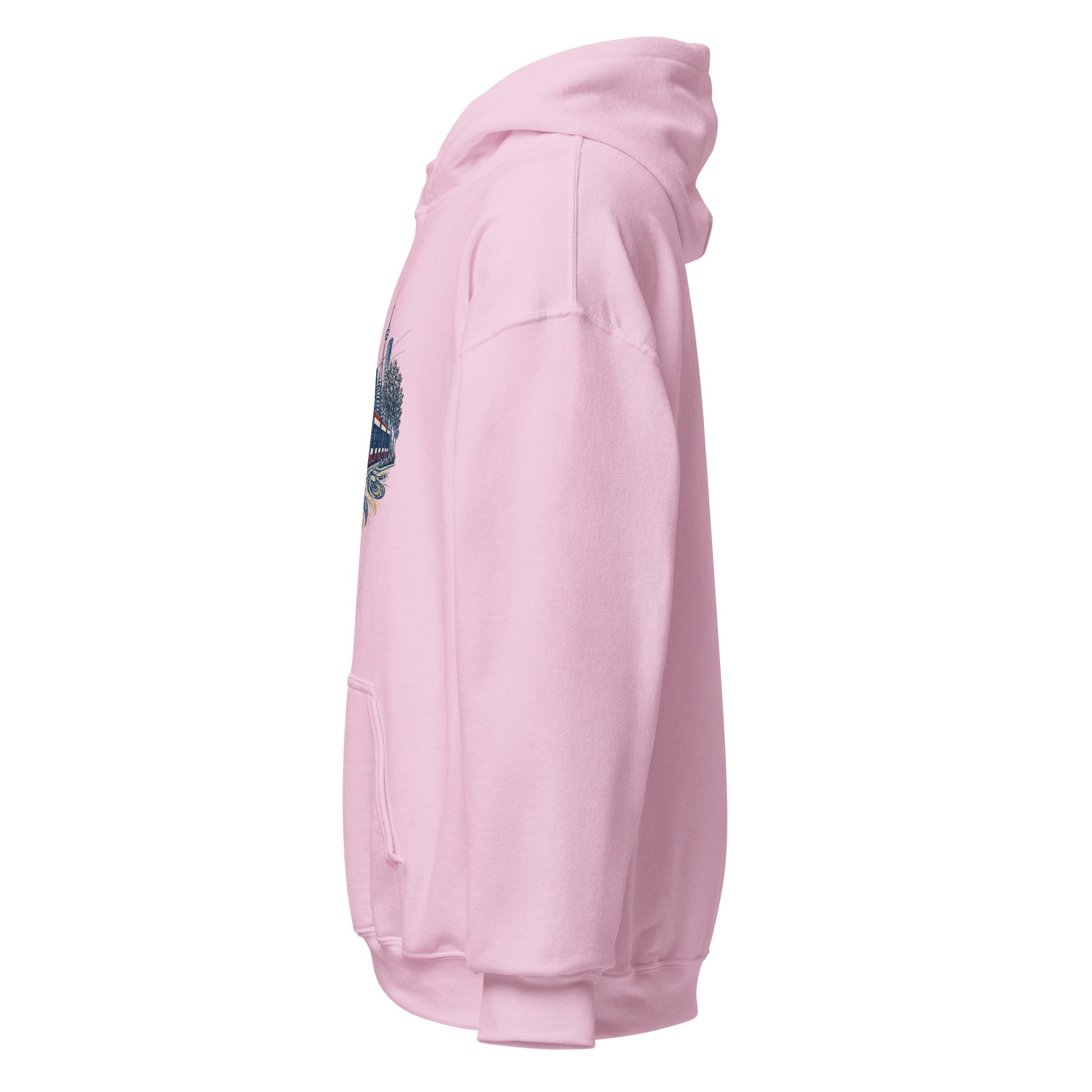 Light pink pullover hoodie with hood and sleeve graphic