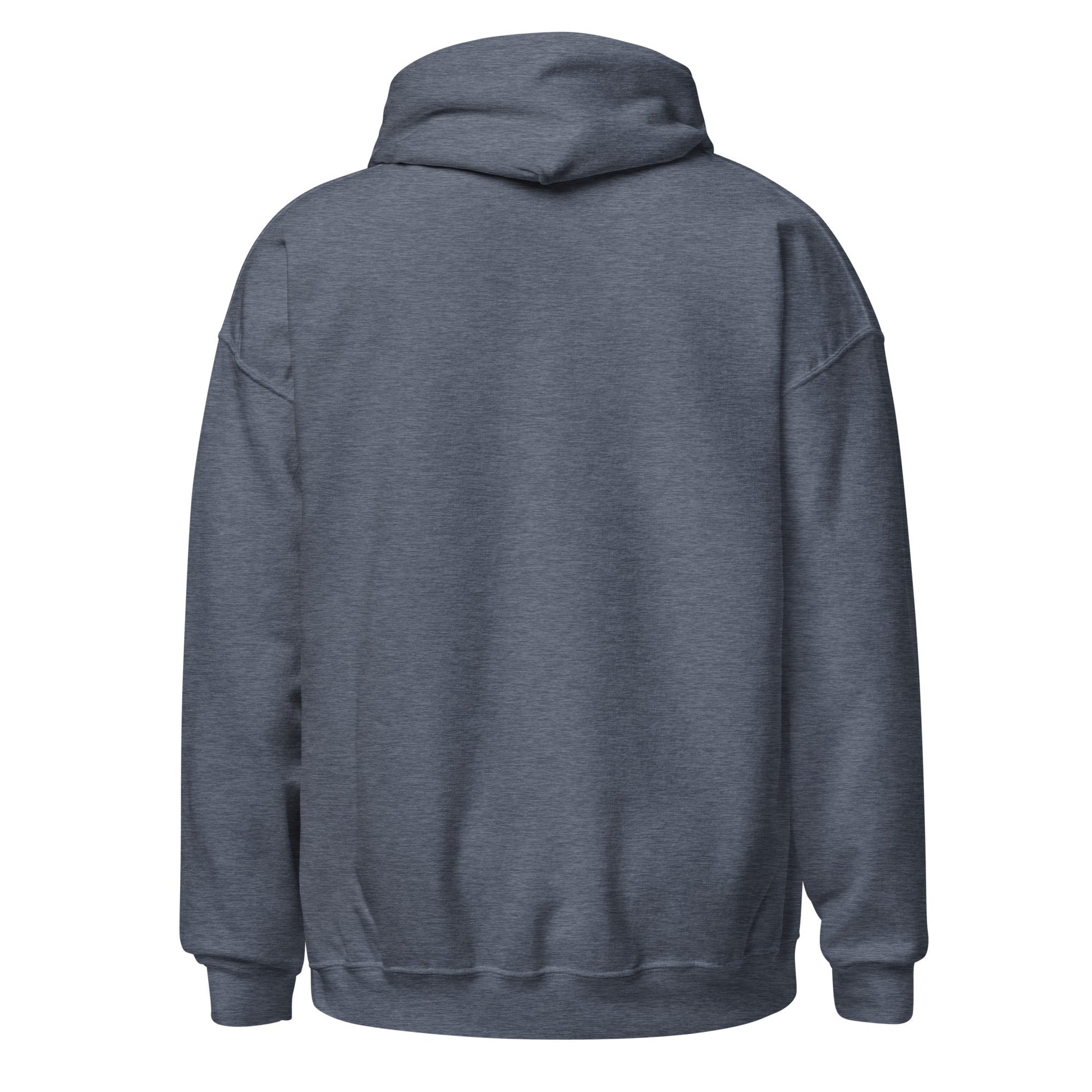 Heather gray pullover hoodie with hood and kangaroo pocket, plain back