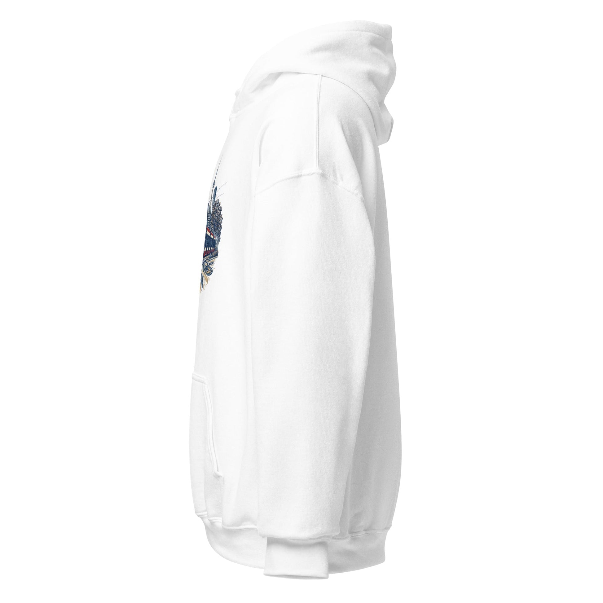 White pullover hoodie with hood and sleeve graphic detail