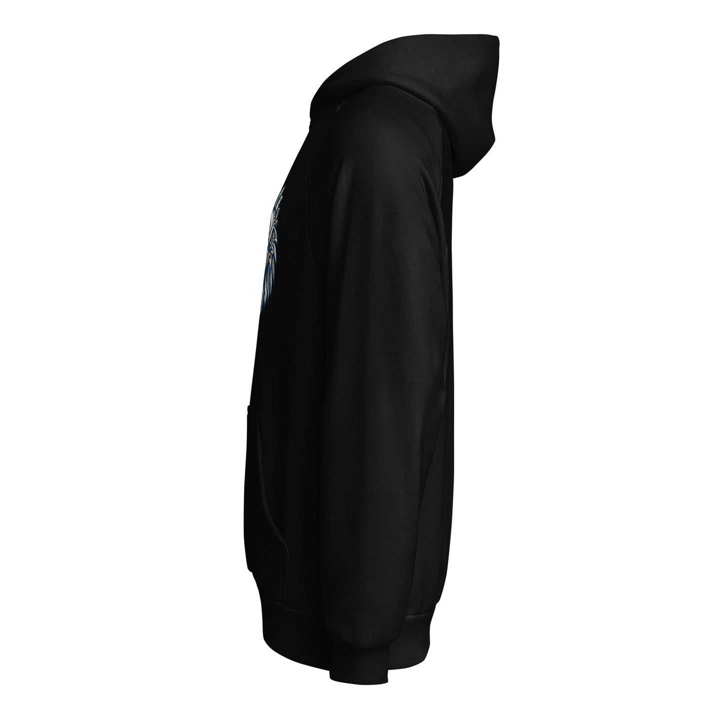 Black heavyweight hoodie in side view with hood and ribbed hem