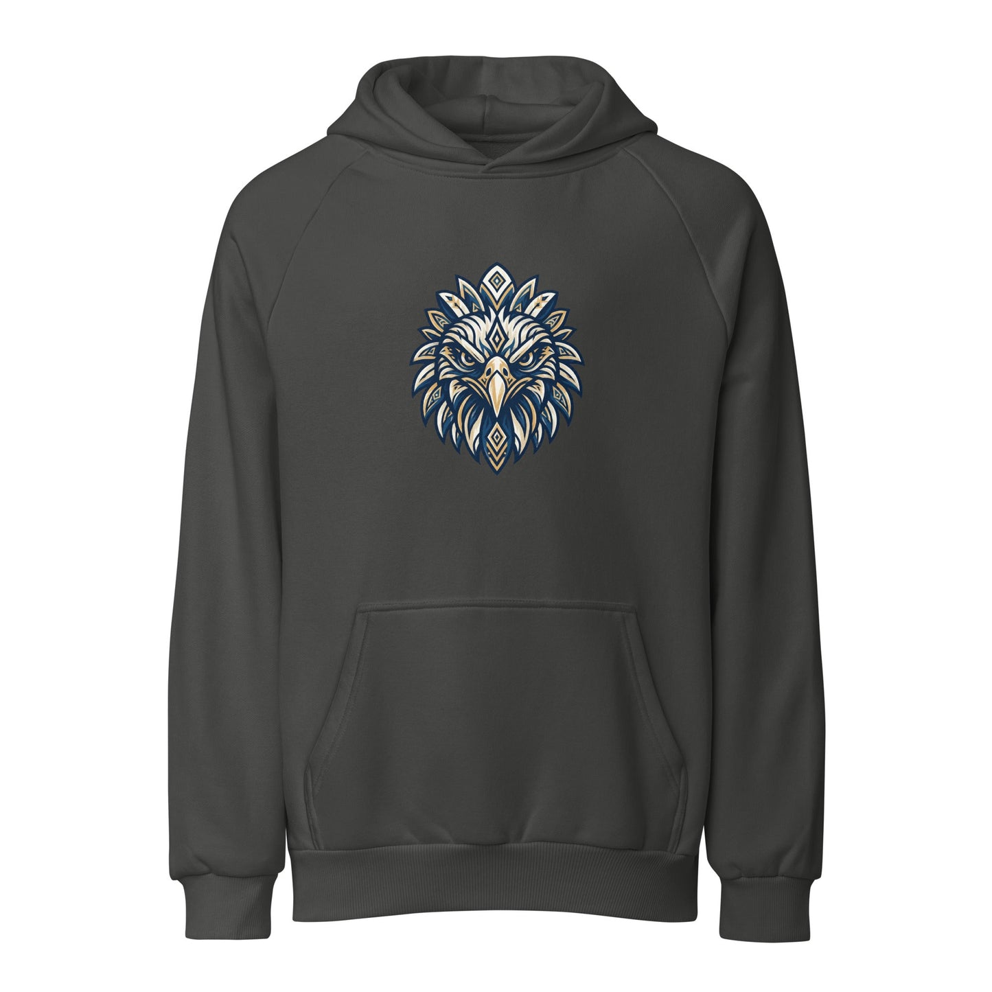 Dark heavyweight hoodie with eagle graphic on chest and front kangaroo pocket