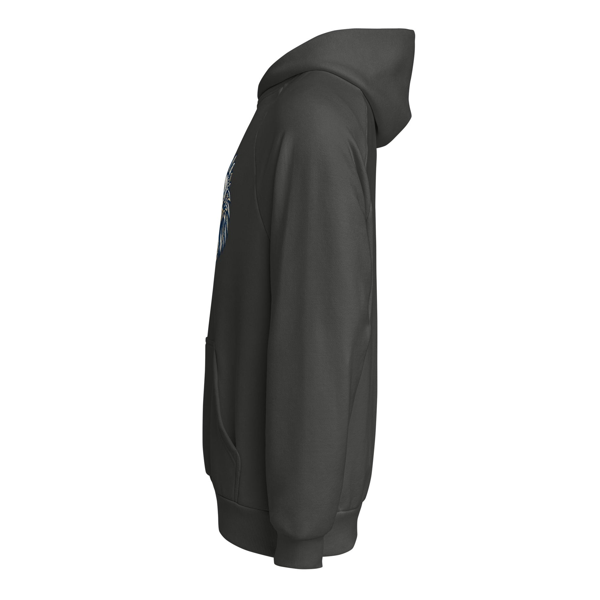 Dark heavyweight hoodie in side view with hood and ribbed hem