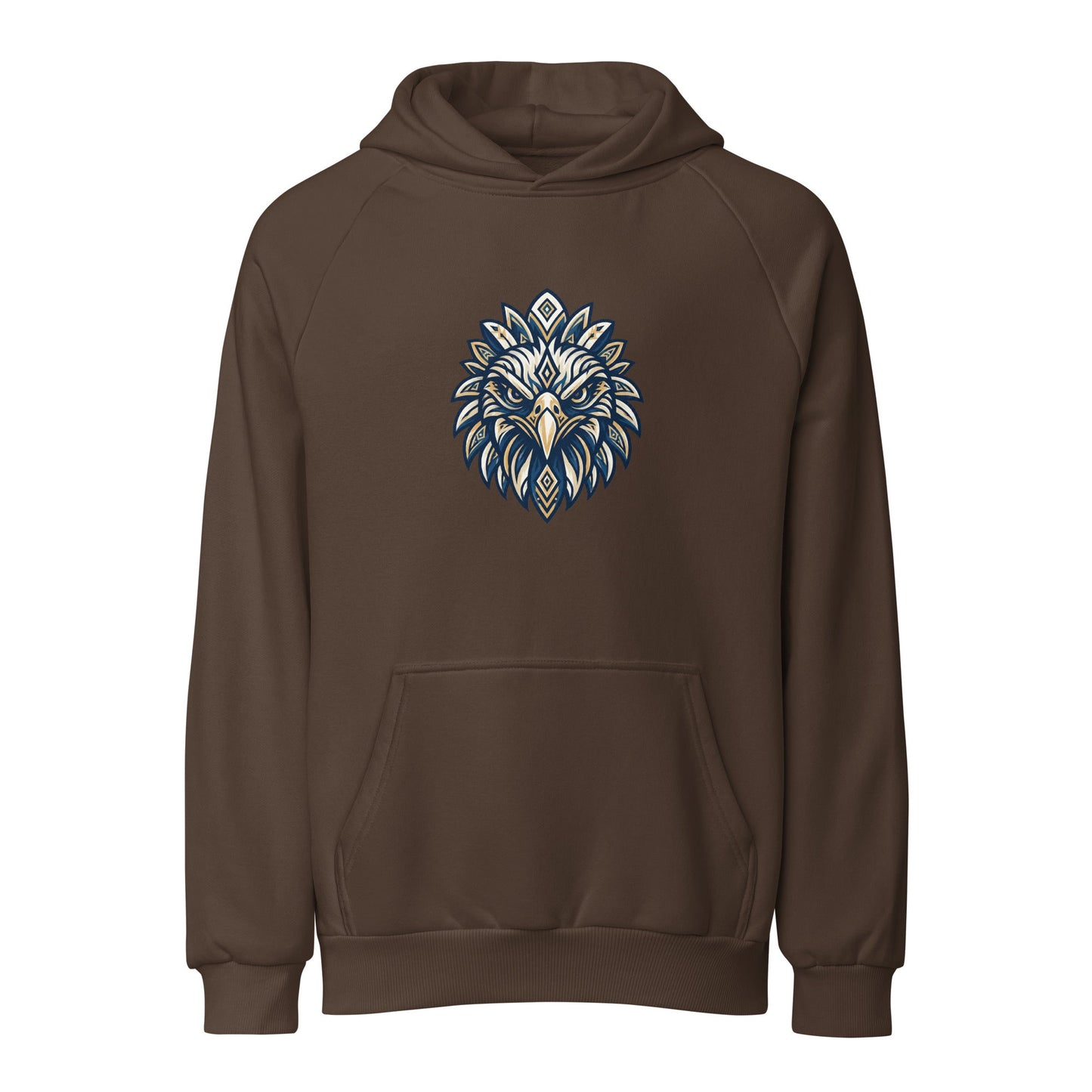 Brown heavyweight hoodie with eagle graphic on chest and front kangaroo pocket