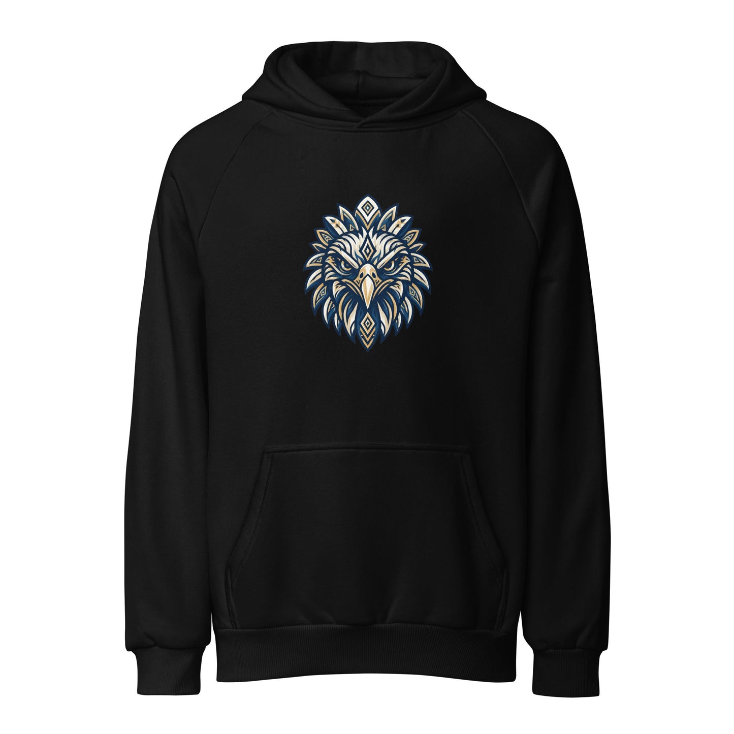 Black heavyweight hoodie with eagle graphic on chest and front kangaroo pocket