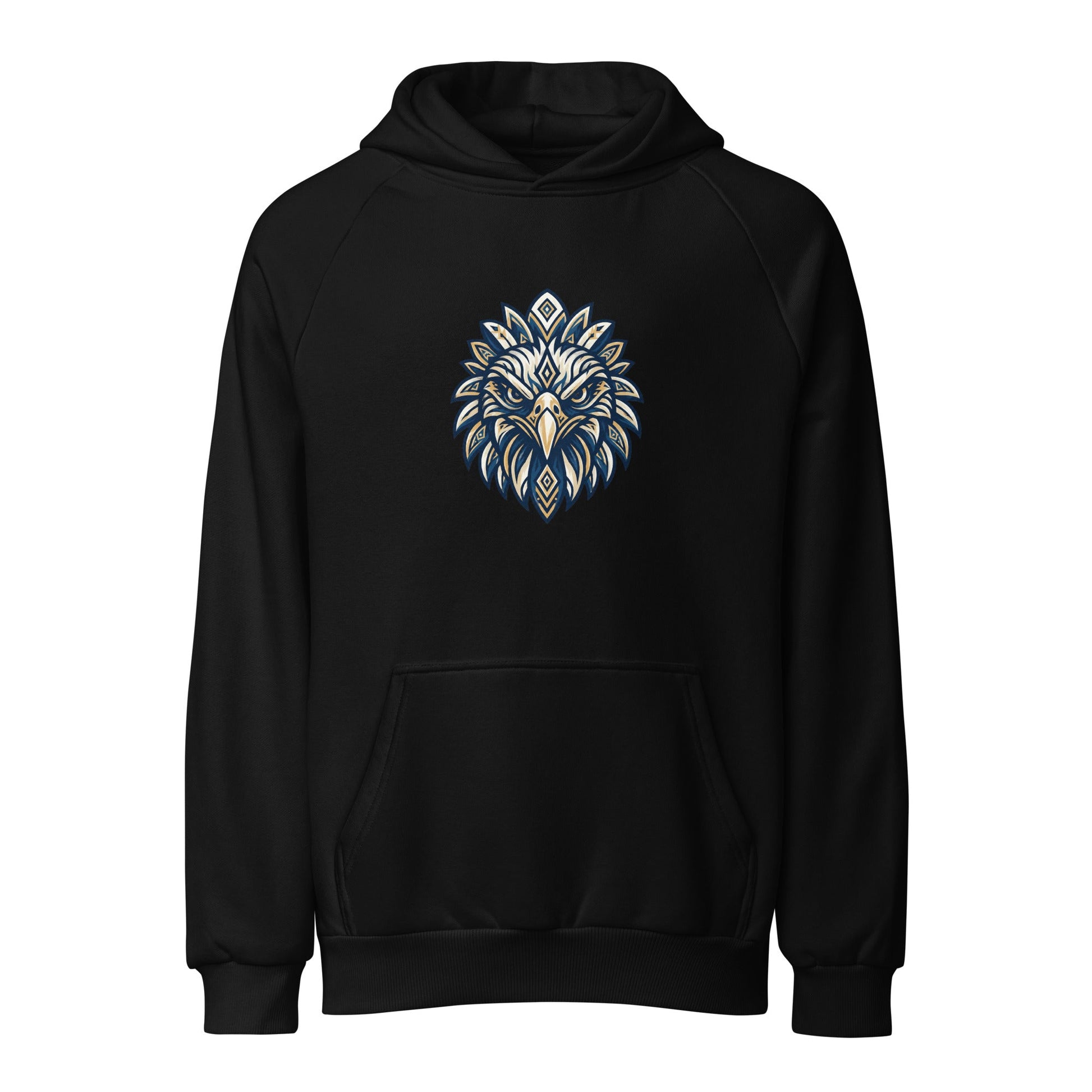Black heavyweight hoodie with eagle graphic on chest and front kangaroo pocket